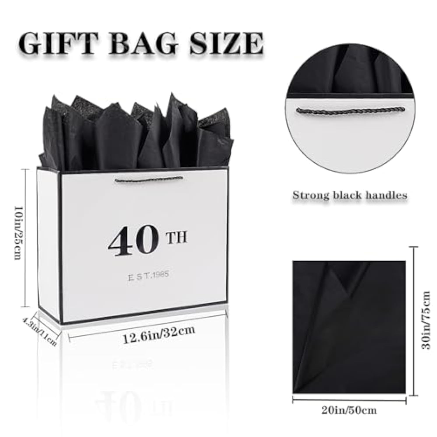 40th Birthday Black White Gift Bag with Card Tissue Paper Metallic Keepsake