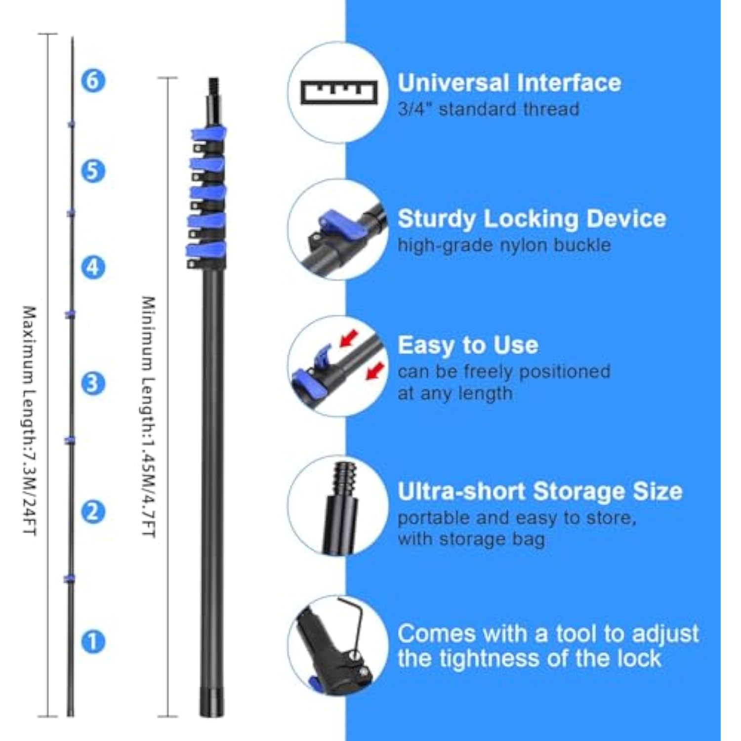 Carbon Fiber Christmas Light Pole Hanger Tool Tree, 4.7 To 24Ft Telescopic Extension Pole With Utility Hook For Holiday Light Installation, Multi Purpose Pole With Universal Thread Lightweight