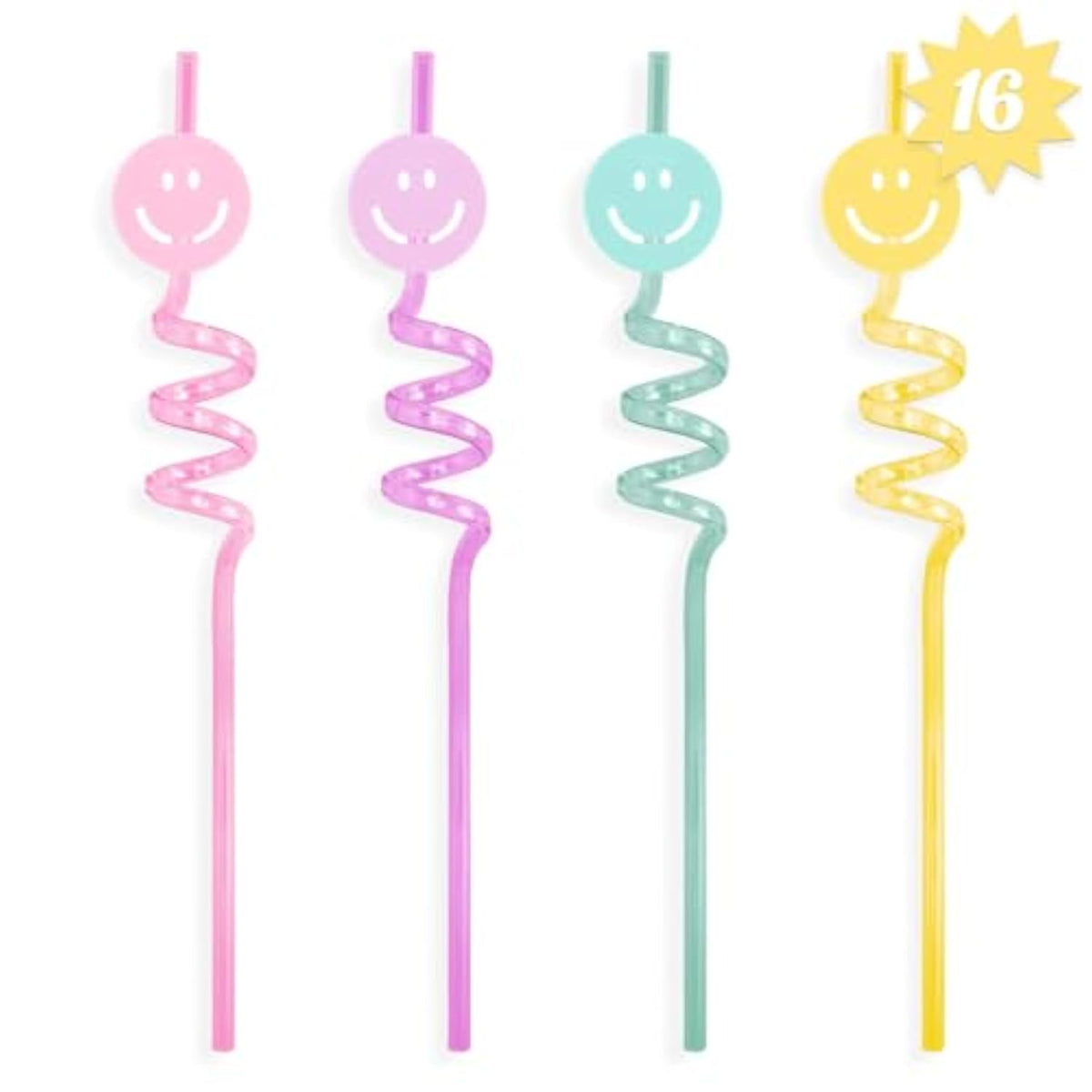 Pastel Smiley Face Straw Set 16 Pc | Preppy Cute Rainbow Party Favors Y2K Groovy