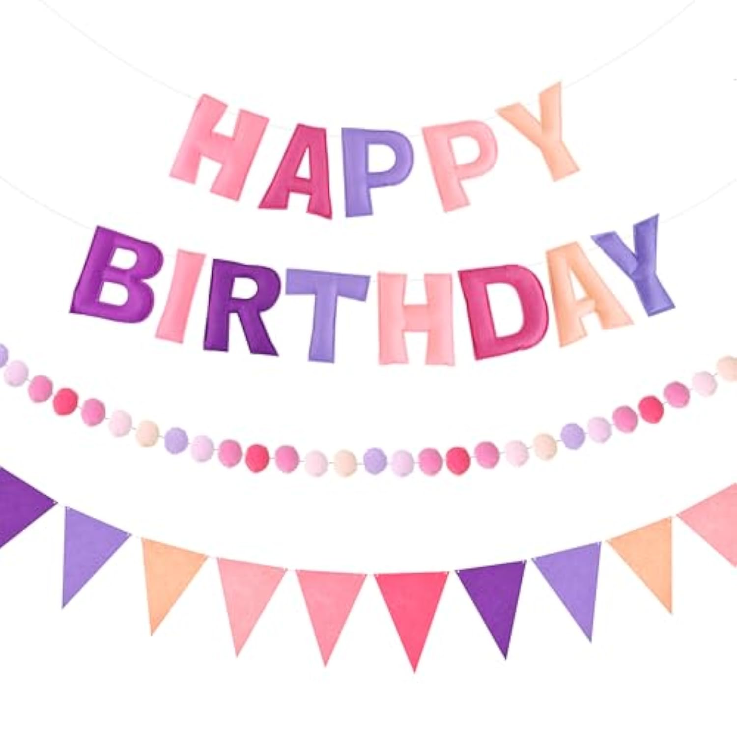 Pre-Strung 3D Happy Birthday Banner, 3 Pcs Pink And Purple Happy Birthday Felt Garland, Pom Pom Garland, Triangle Fabric Bunting, Reusable Purple And Pink Decorations For Girls Women