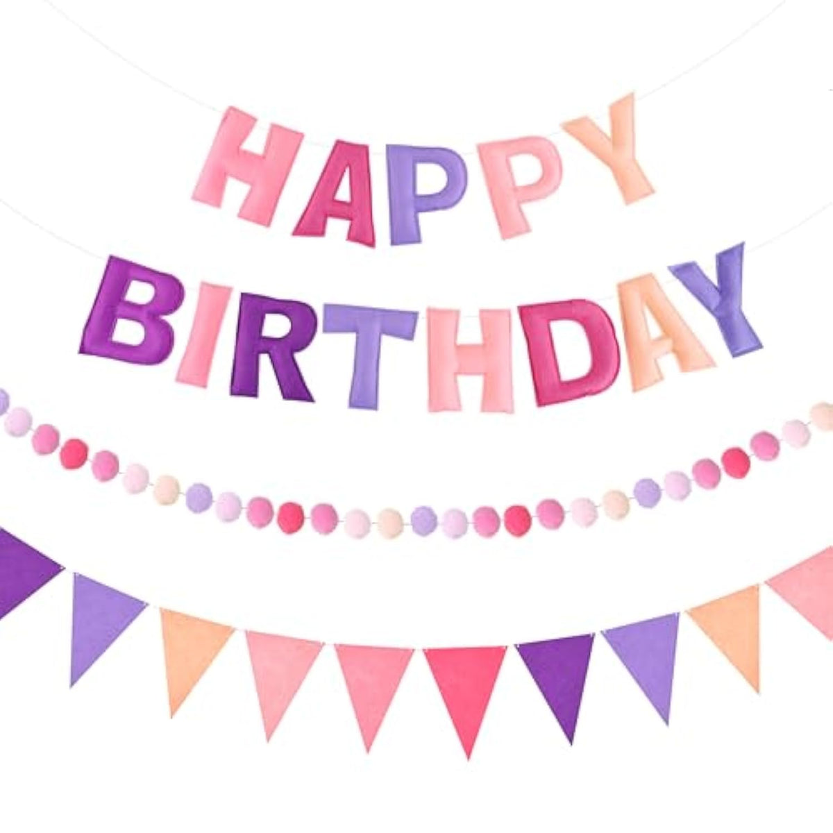 Pre-Strung 3D Happy Birthday Banner, 3 Pcs Pink And Purple Happy Birthday Felt Garland, Pom Pom Garland, Triangle Fabric Bunting, Reusable Purple And Pink Decorations For Girls Women