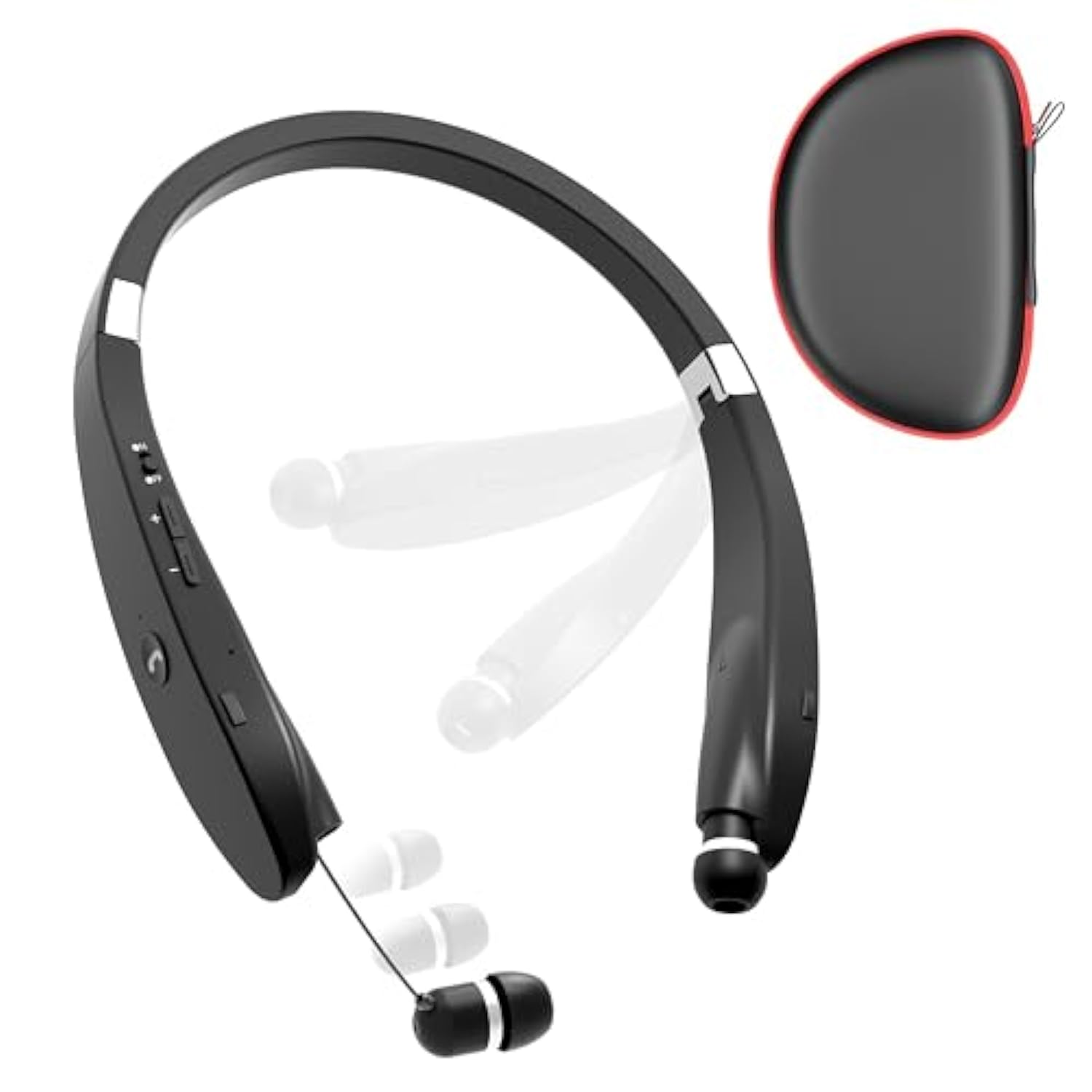 Bluetooth Neckband Headphones, Foldable Wireless Lightweight Neck Headset With Retractable Earbuds, Noise Cancelling Sweatproof Stereo Earphones With Mic & Carrying Case (Black)