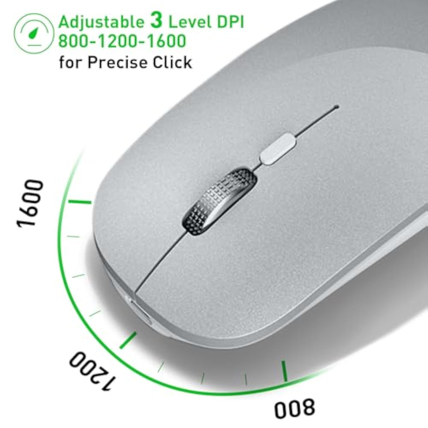 Wireless Mouse, Slim Rechargeable Silent Mouse,Bluetooth And 2.4G Wireless Computer Mice With 800-1200-1600 Adjustable Dpi For Desktop/Laptop/Tablet-Silver