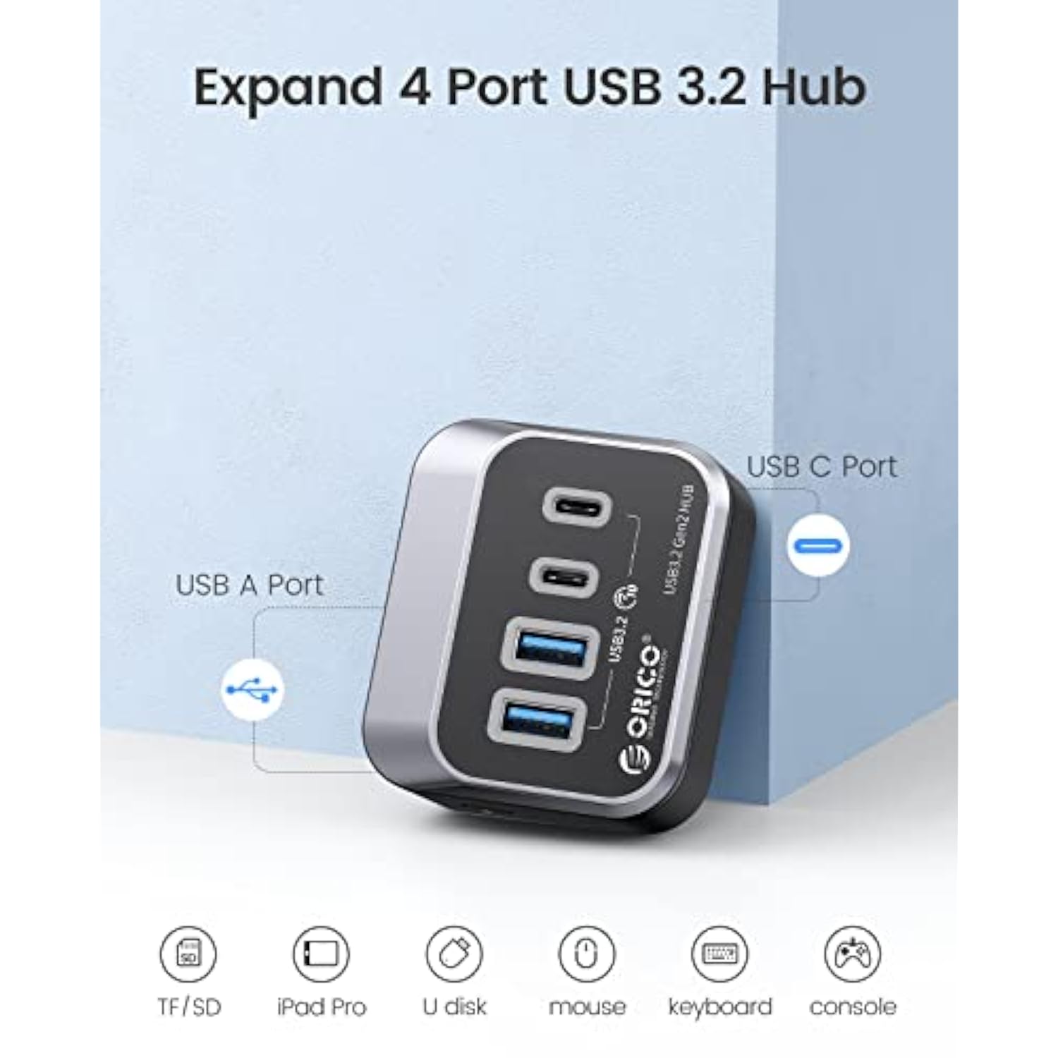 ORICO USB Hub 10Gbps with 2 USB A Ports+2 USB C Ports, USB 3.2 Gen 2 Hub with