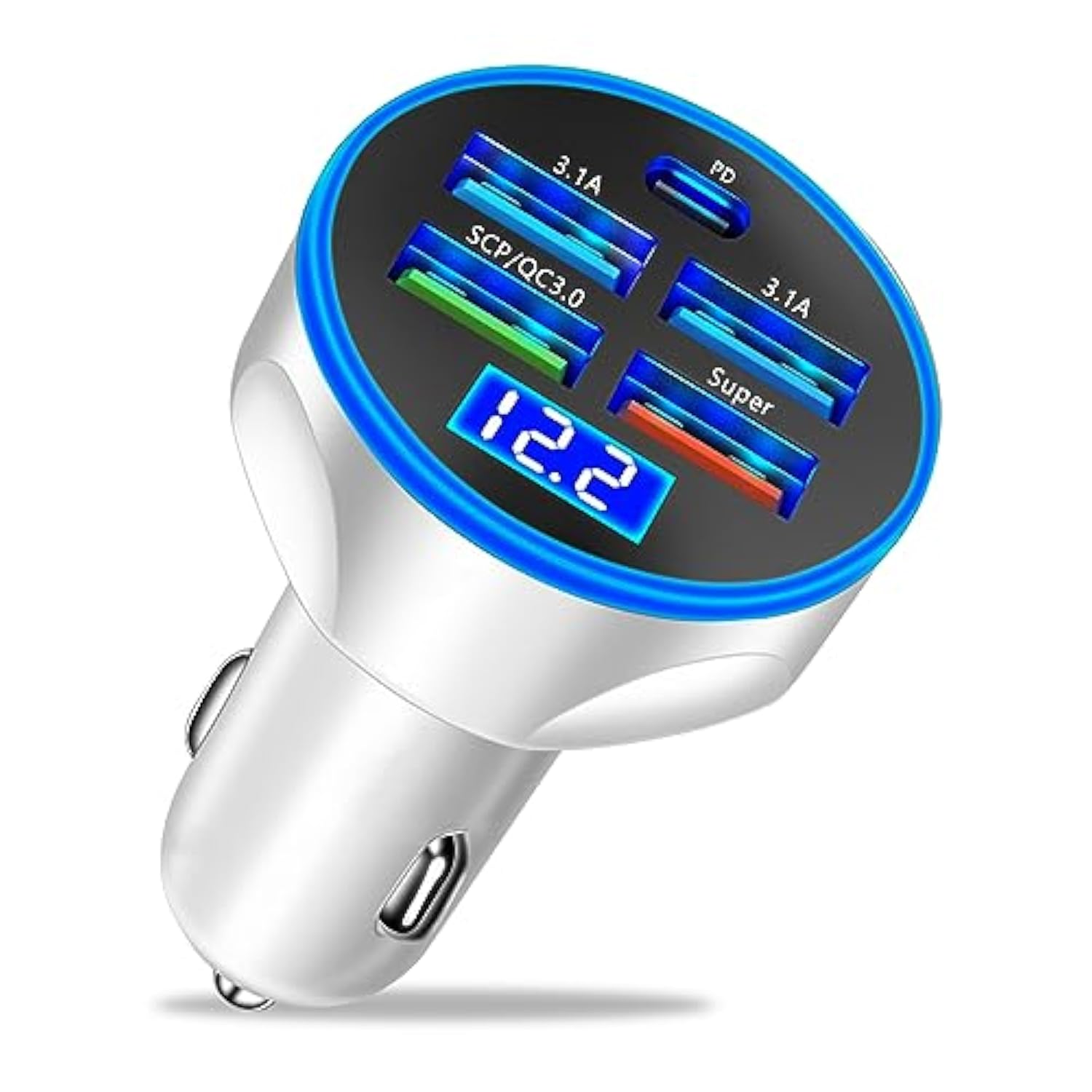 5 Port Usb Car Charger, 250W Super Fast Charging Cigarette Lighter Adapter With Led Voltage Monitor, 4Usb+Type C Multi Port Car Accessories Interior Compatible With Most Smart Phone (White)