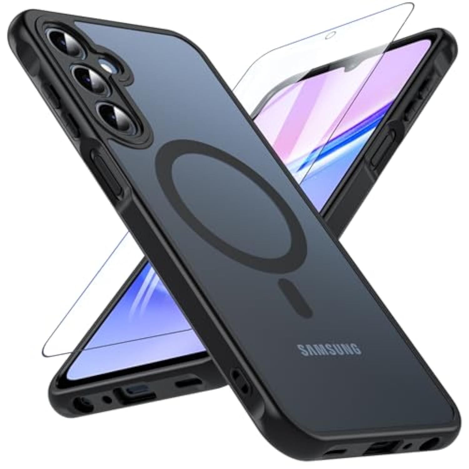 Galaxy A15 5G Phone Case,Magnetic Samsung Galaxy A15 5G Case For Magsafe With Tempered Glass Screen Protector,[Shockproof Military] Translucent Back Slim Bumper Cover Samsung A15 5G Case, Black