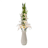 22" Artificial Flowers And Vase Set Indoor Home Decoration,Gladiolus And Zantedeschia Mixed Bouquet Faux Blossom, White Style Fake Flowers,Window Table Shelf Wedding Floral Party Home Decor