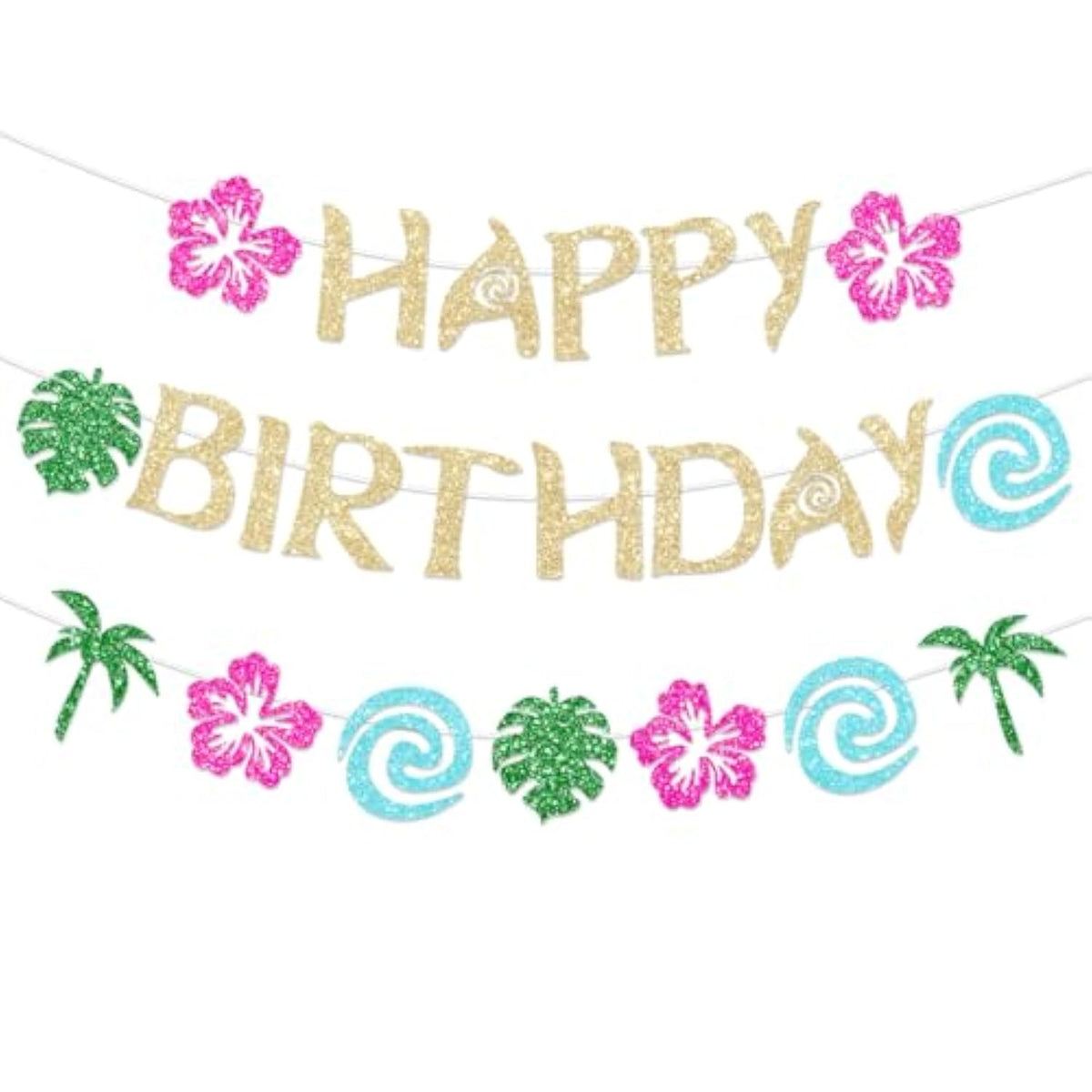 Hawaiian Moana Birthday Banner Party Decoration Glittery Gold For Happy Birthday Tropical Luau Summer Baby Shower Decor