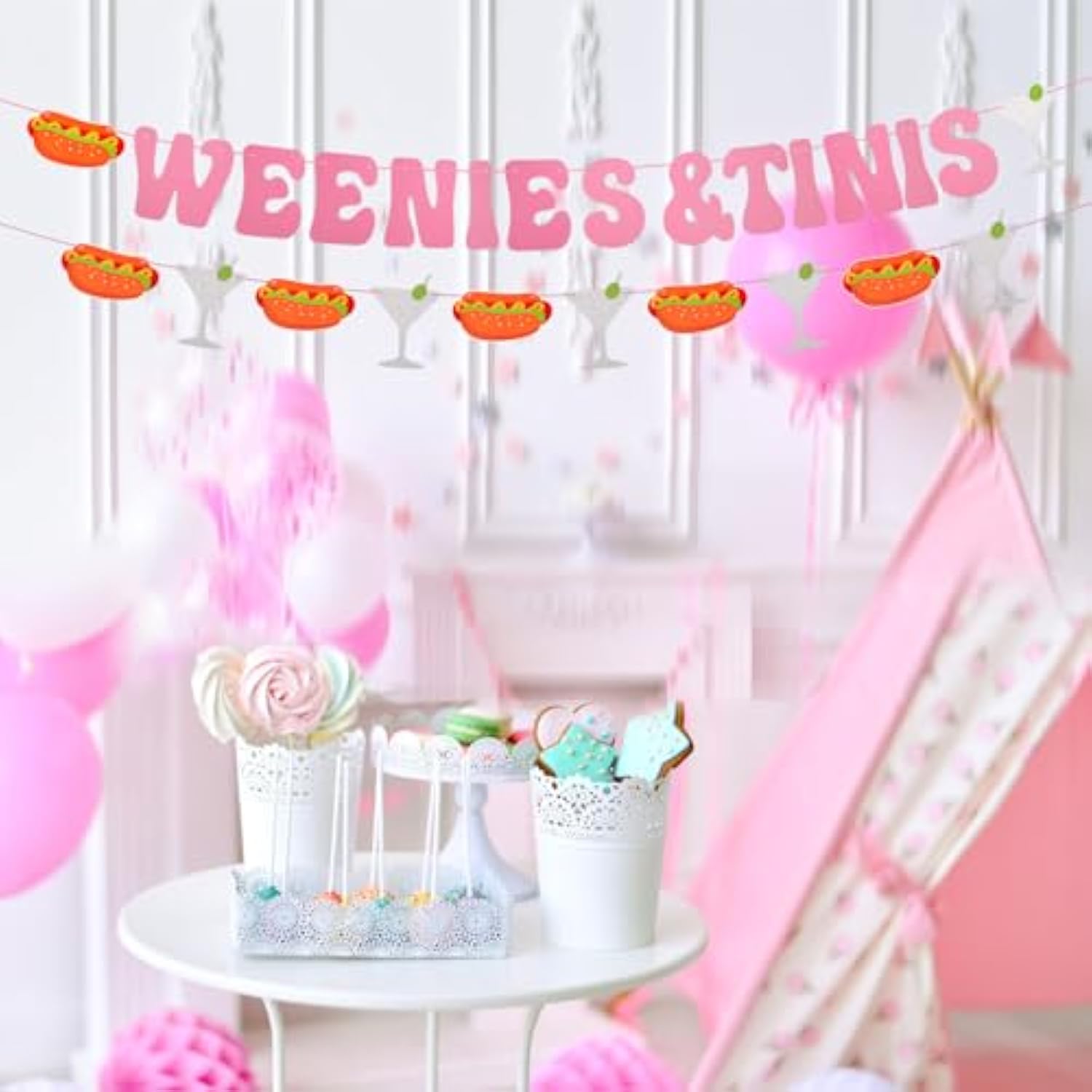 Weenies & Tinis Banner, Pink Glitter Party Decorations for Martini & Hot Dog Bar