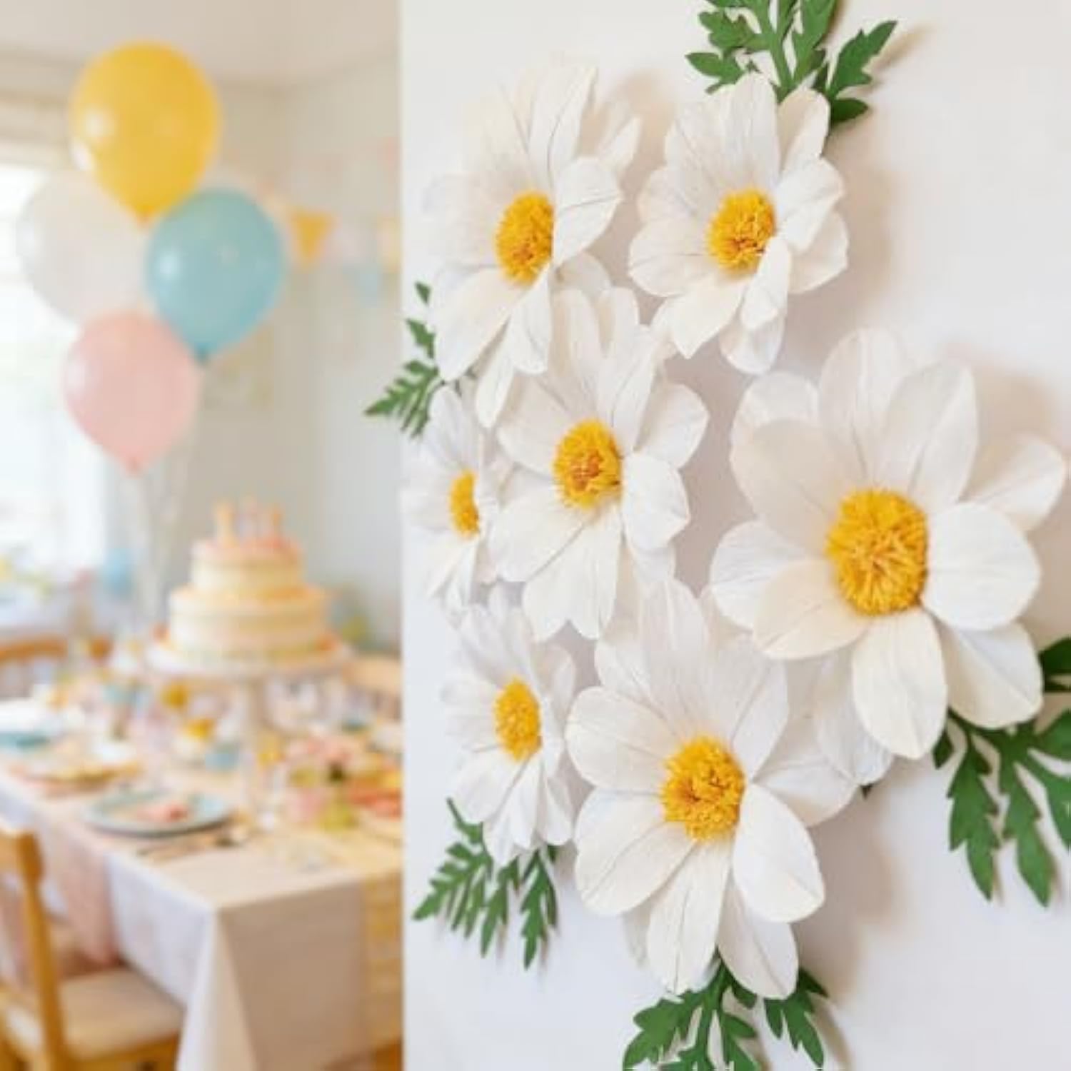 12Pcs Crepe Paper Daisy Flower Decor Large White Paper Daisy Flowers For Backdrop Party Paper Tissue Pom Poms For Home Decor, Wedding Backdrops, Baby Shower, Birthday Party, Classroom Decoration