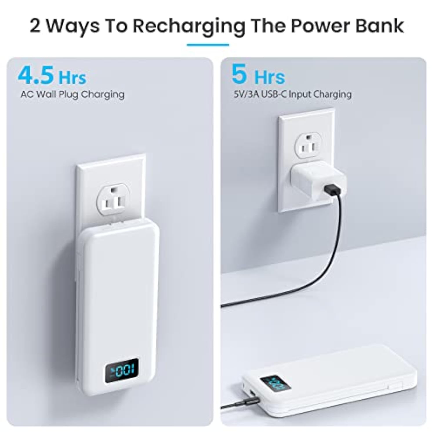 Portable Charger With Built-In Cables & Ac Wall Plug,Ultra Slim 13800Mah Usb-C Power Bank,4 Output 2 Input Lcd Display External Battery Pack Phone Charger Compatible With Iphone Samsung Android-White