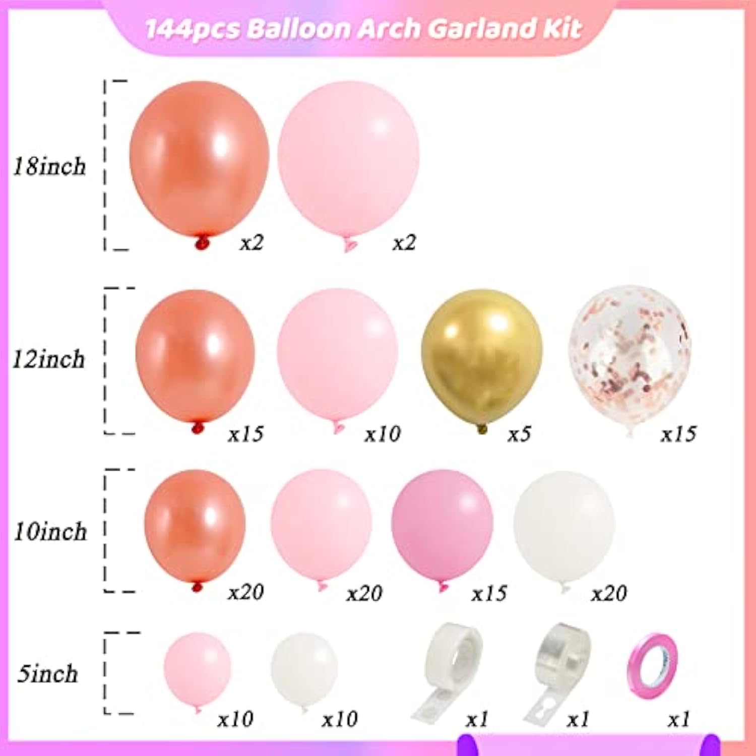 147 Pcs Rose Gold Balloon Arch Kit – Pink, Gold, White & Confetti Balloons for Parties