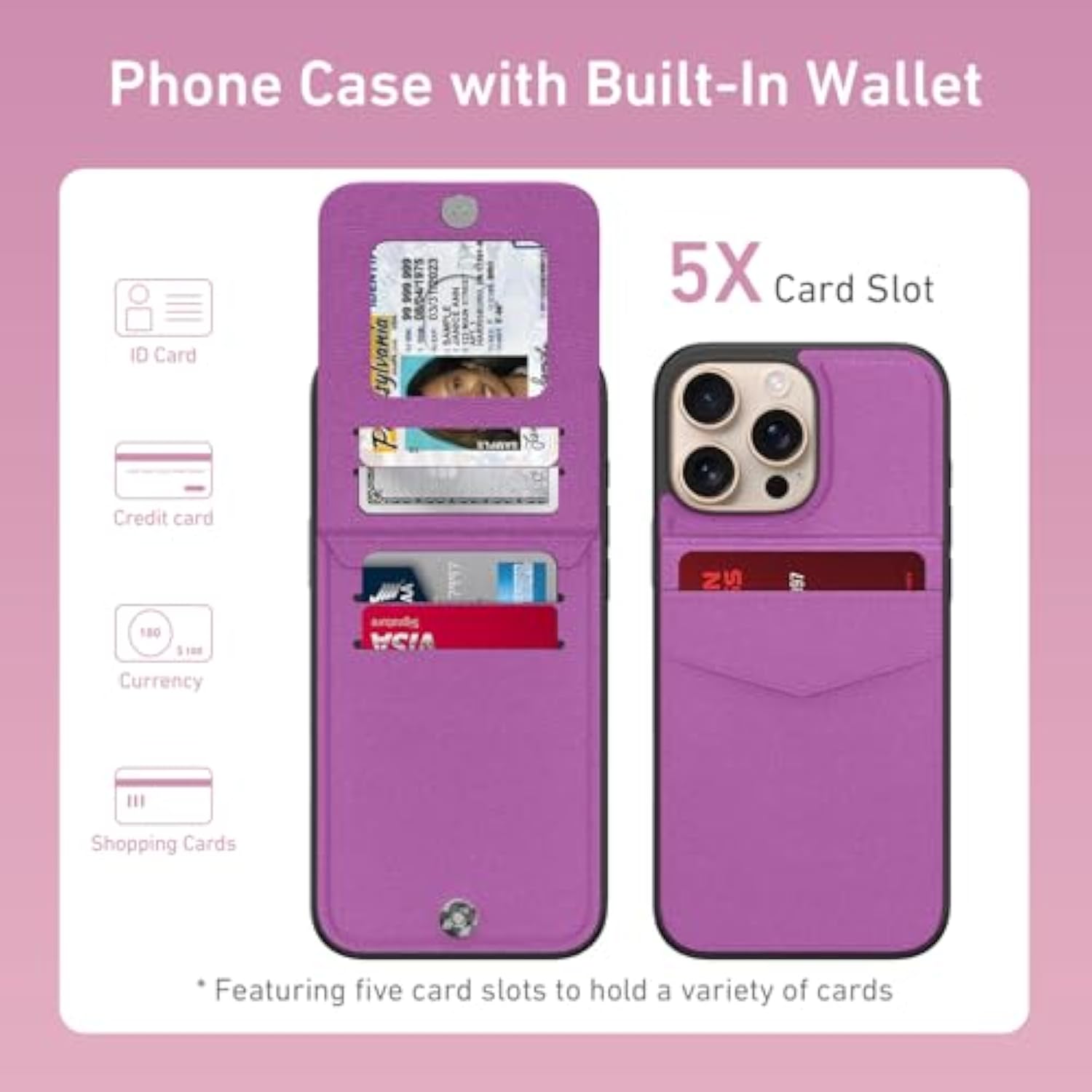 For 16 Pro Wallet Case, Built-In Card Holder, Rfid Blocking, Pu Leather Kickstand, Magnetic Closure, Durable Shockproof Phone Cover For Women And Men, Violet