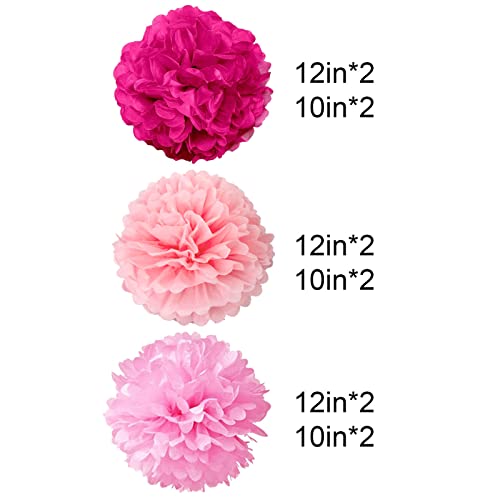 Pink Tissue Paper Pom Poms Decorations 10 inch and 12 inch,12 Piece Set for Bachelorette Party or Baby Shower Girls Birthday Party Decor