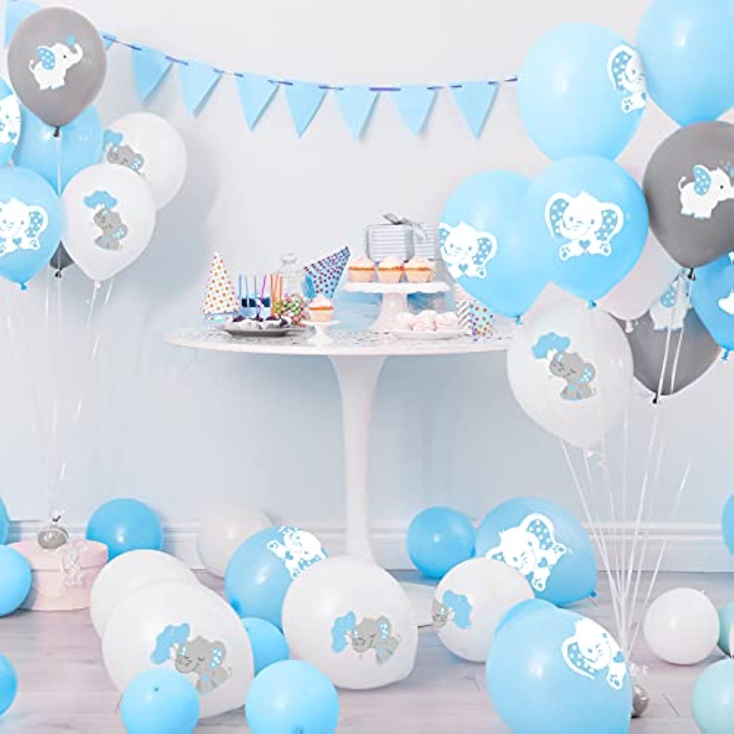 45-Pcs Blue, Gray & White Elephant Balloons Baby Shower & Gender Reveal Decor