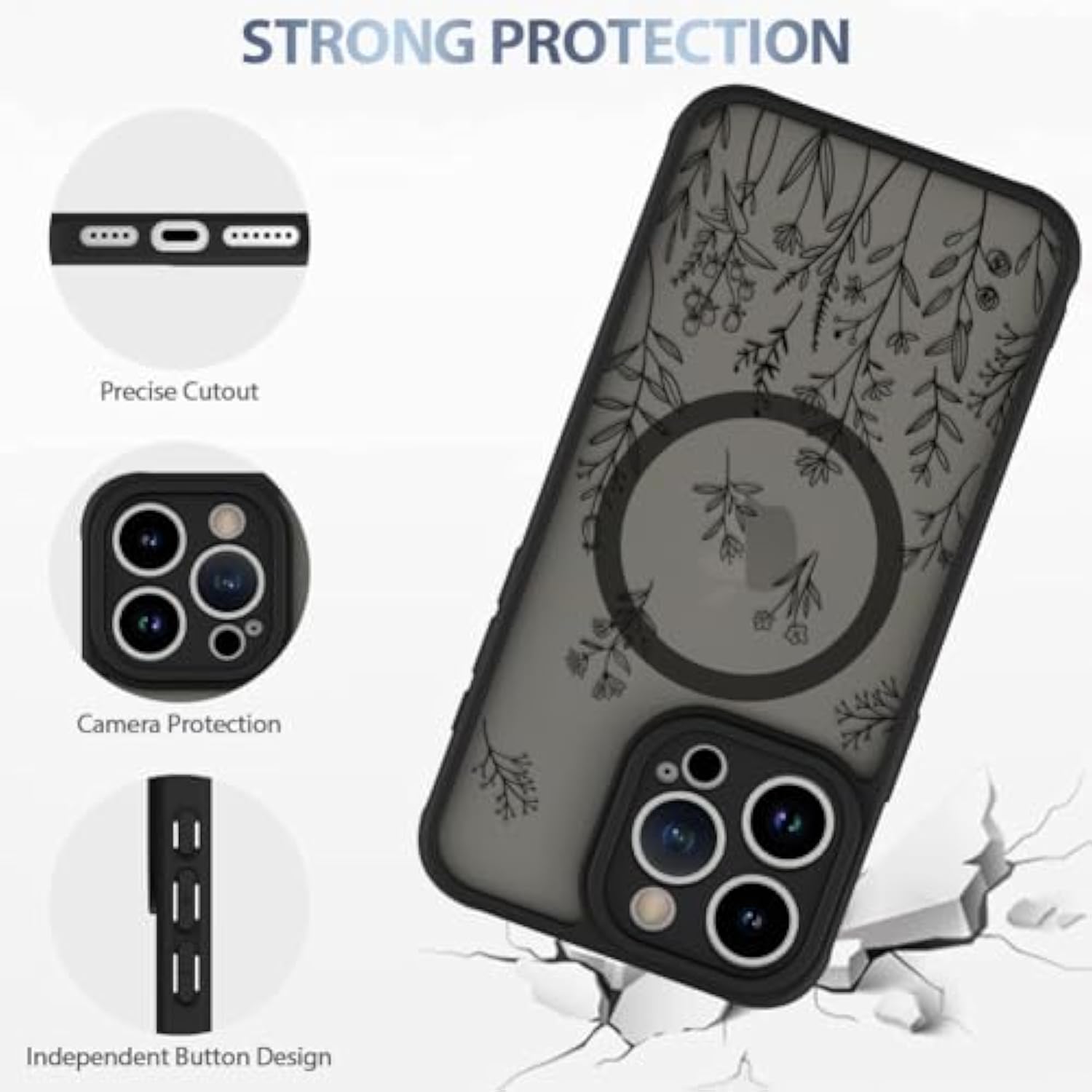 Magnetic Case For Iphone 15 Pro [Compatible With Magsafe] Cute Black Flower Floral For Women Girls Soft Tpu Bumper Hard Pc Back Anti-Fall Shockproof Protective Slim Cover