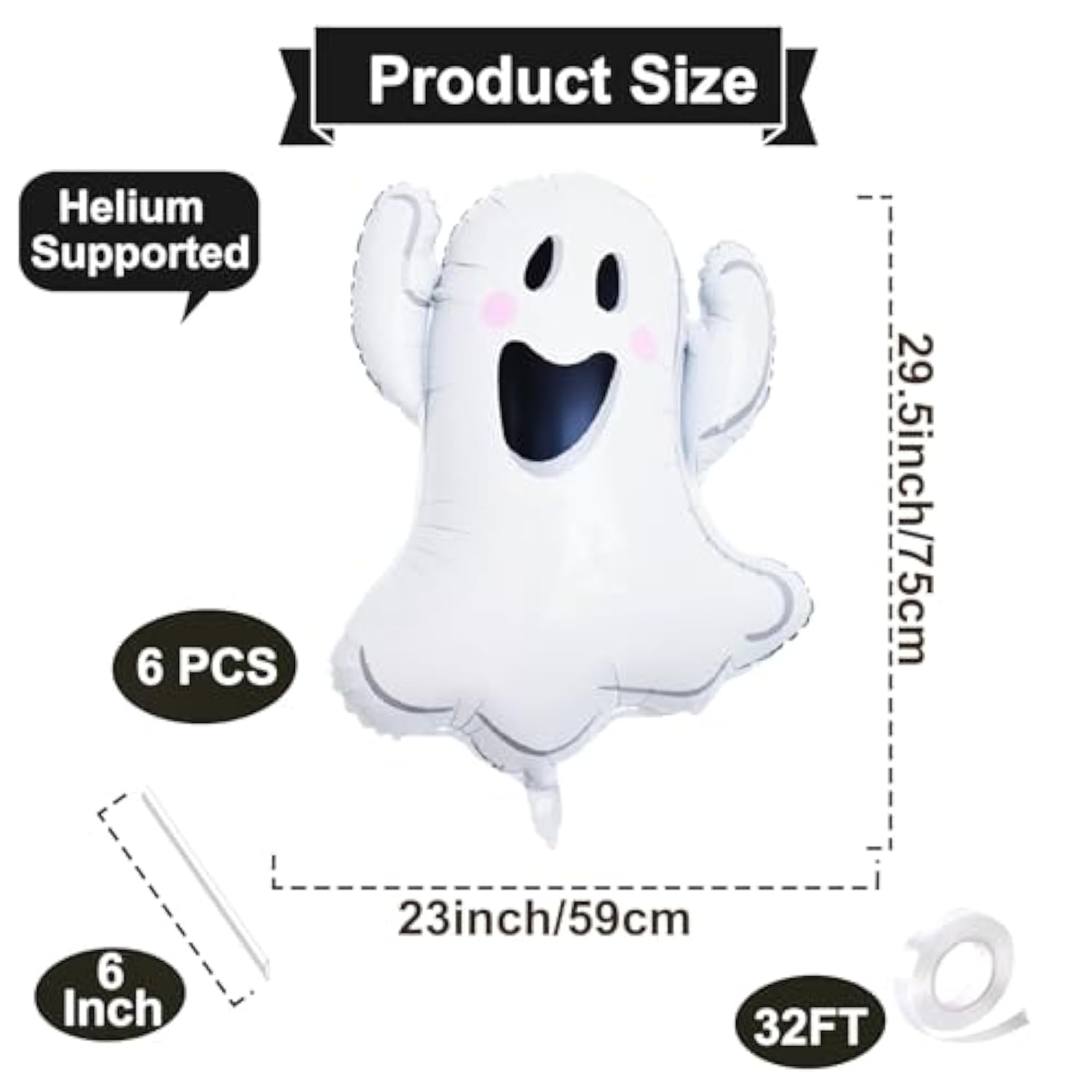 6Pcs 28" Halloween Ghost Foil Balloons - Large Spooky Party Decorations for Indoor/Outdoor