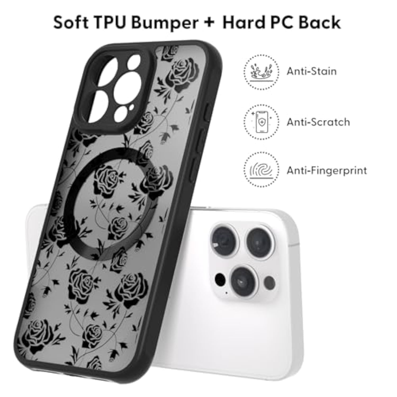 Magnetic For Iphone 15 Case, Compatible With Magsafe, [Never Fade] Rose Floral Pattern For Women Men, Translucent Matte Shockproof Phone Case For Iphone 15 6.1 Inch 2023, Black