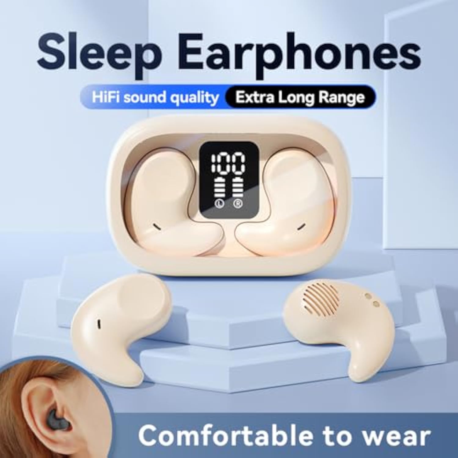Sleep Earbuds Bluetooth In Ear Light-Weight Headphones, Mini Invisible Earplugs Small Design For Side Sleepers, 58H Playtime With Charging Case, Clear Calls& Noise Block, Off White