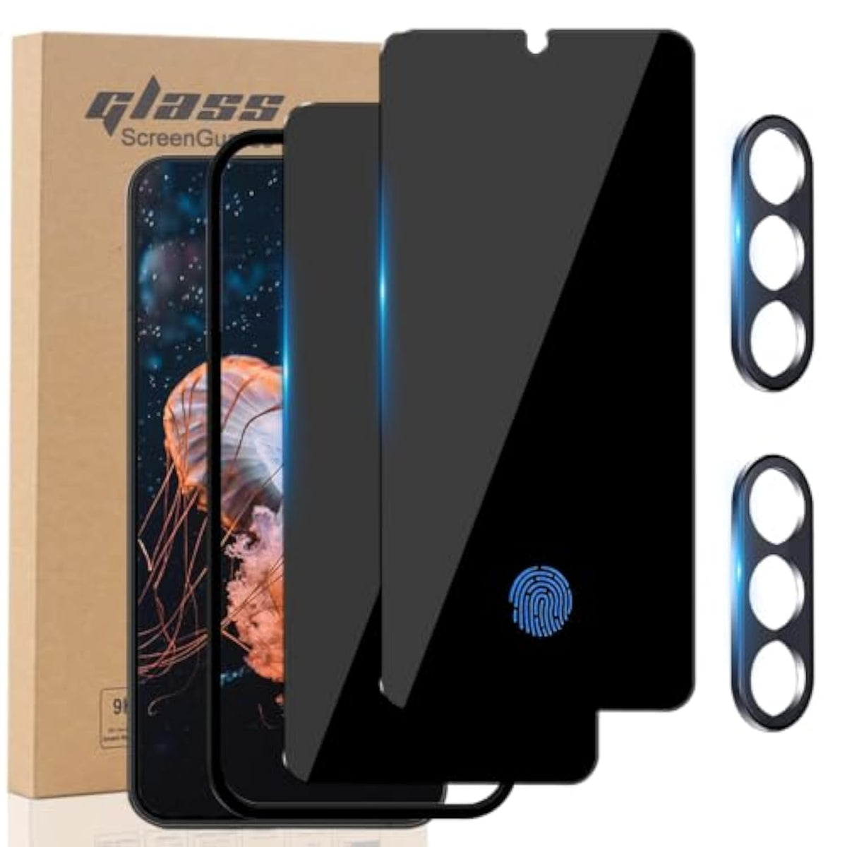 For Samsung Galaxy S24 Privacy Screen Protector, 2X Anti Spy Tempered Glass Film + 2X Camera Lens Protector, [Fingerprint Unlock] [28° Anti-Peep] [Installation Tools] [Zero Bubble] Black/Dark Shield For Galaxy S24