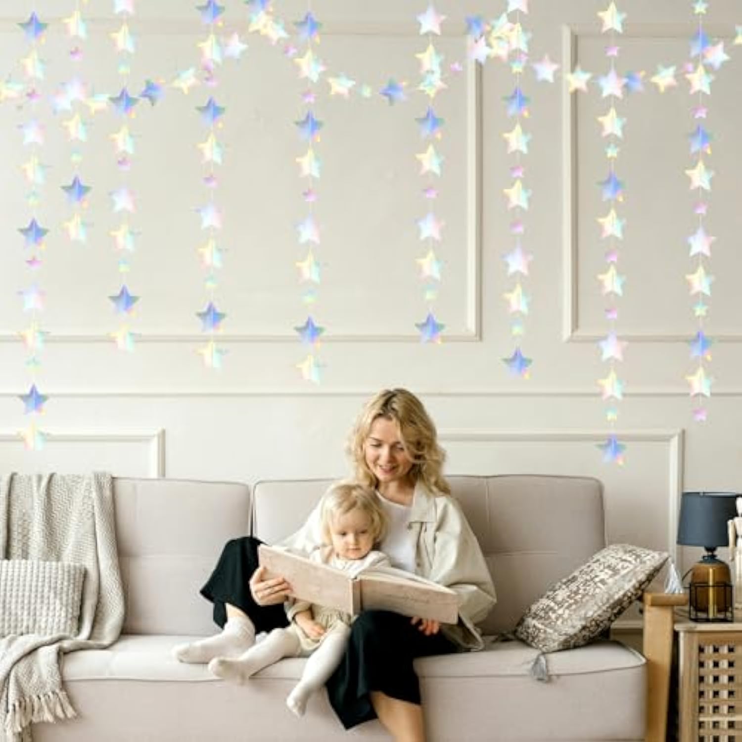 Iridescent Disco-Holographic Party-Decorations Christmas Garland - 62Ft Twinkle Little Star Streamers Hanging Banner,Wedding Birthday Bachelorette Baby Bridal Shower Decor