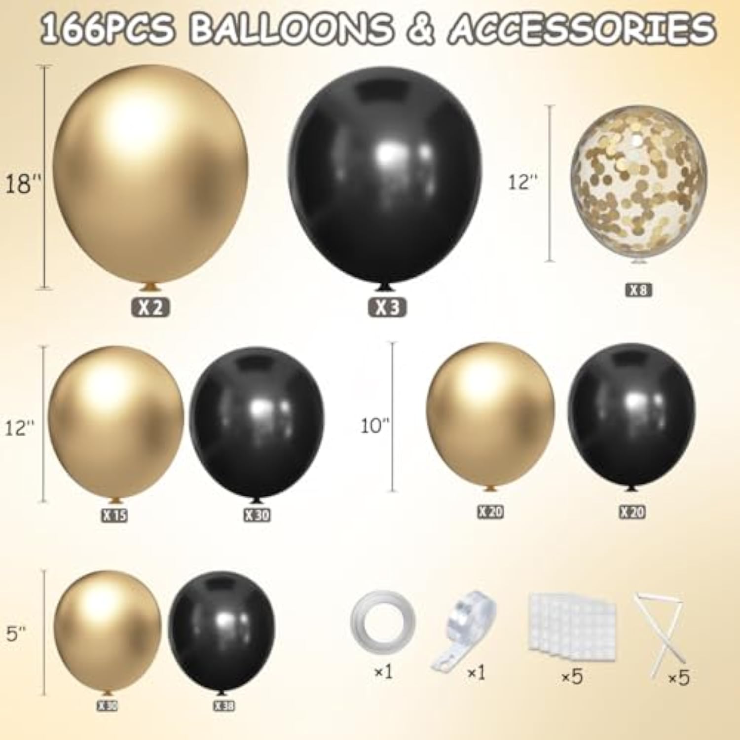 Black Gold Silver Balloon Garland Arch Kit with Confetti Party Decorations