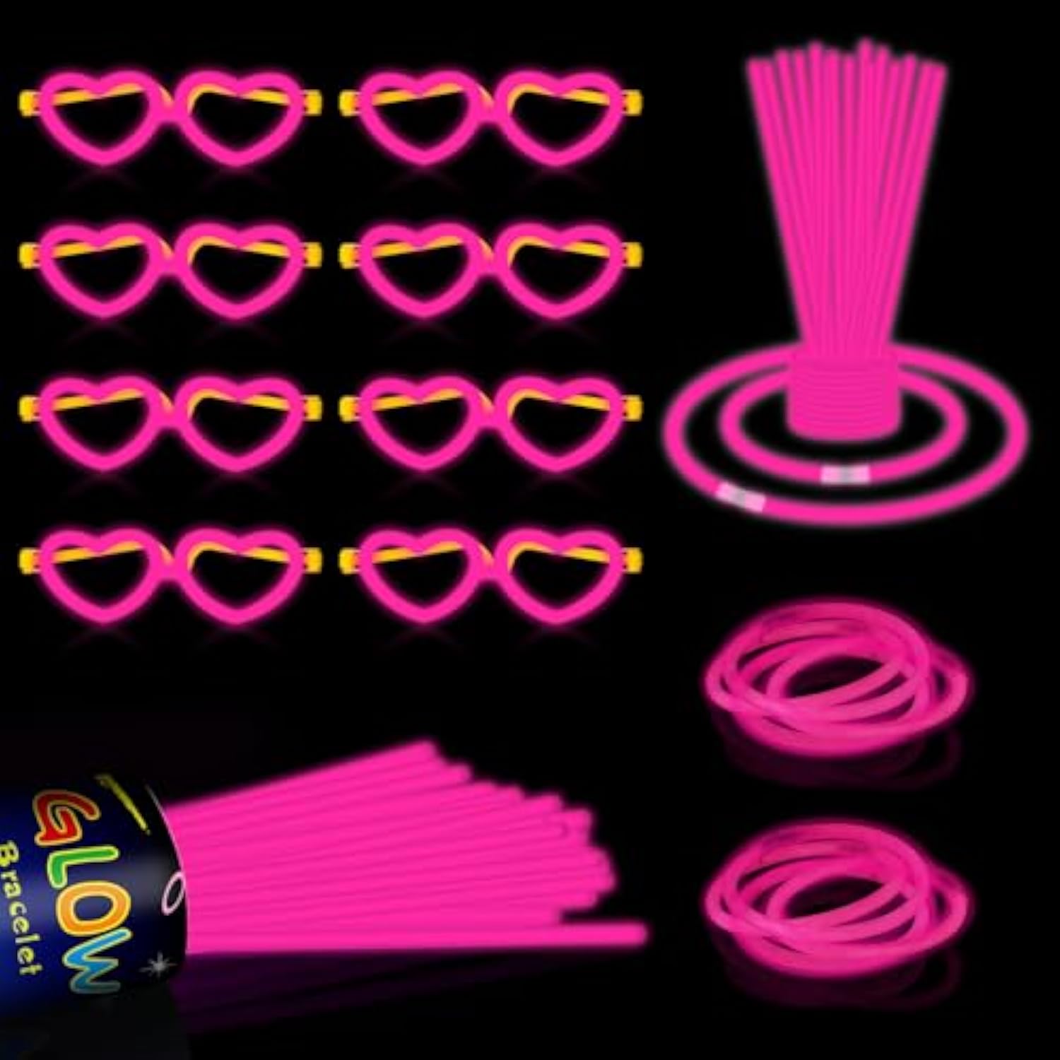 60pcs 8in Pink Glow Sticks with Connectors Heart Glasses Party Supplies