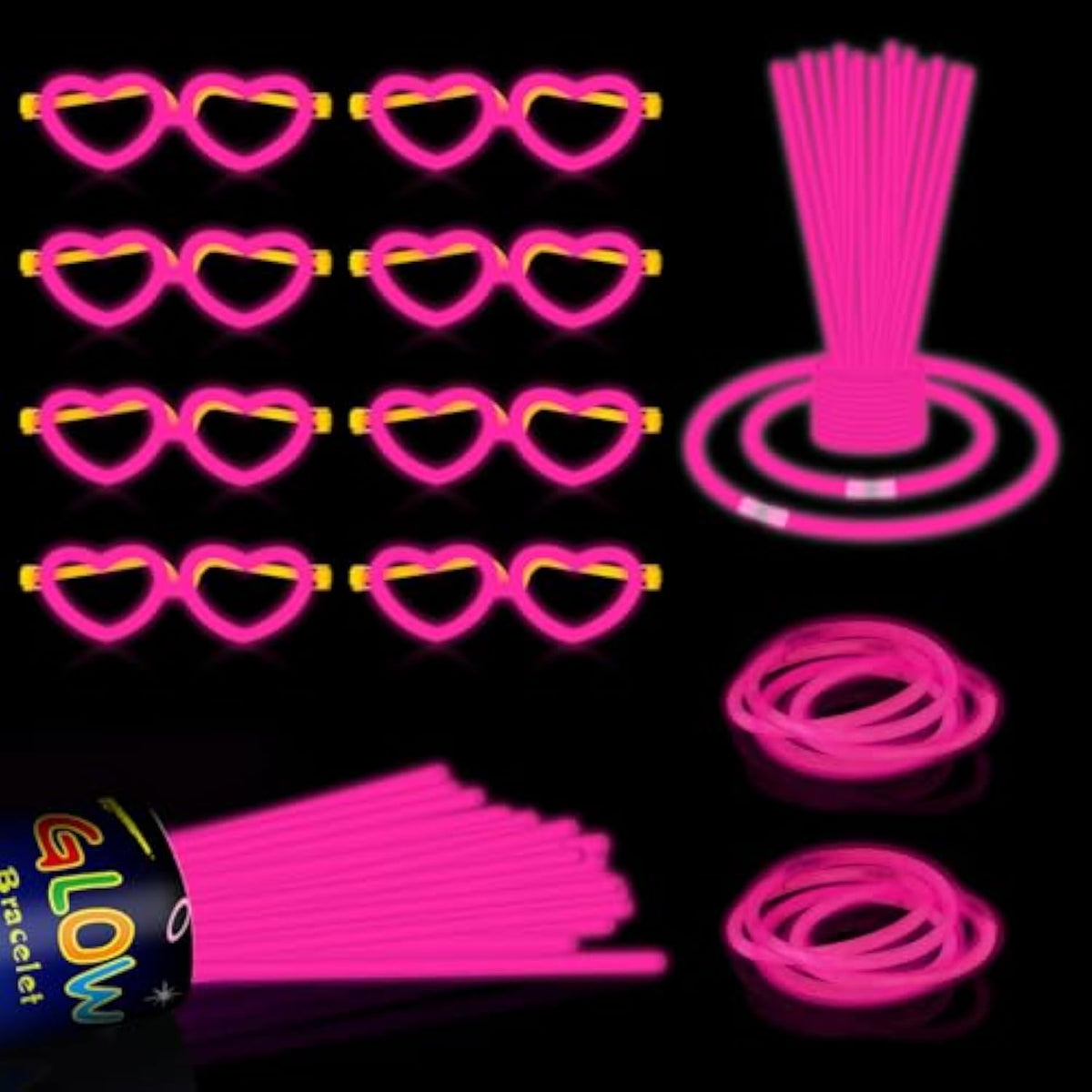 60pcs 8in Pink Glow Sticks with Connectors Heart Glasses Party Supplies