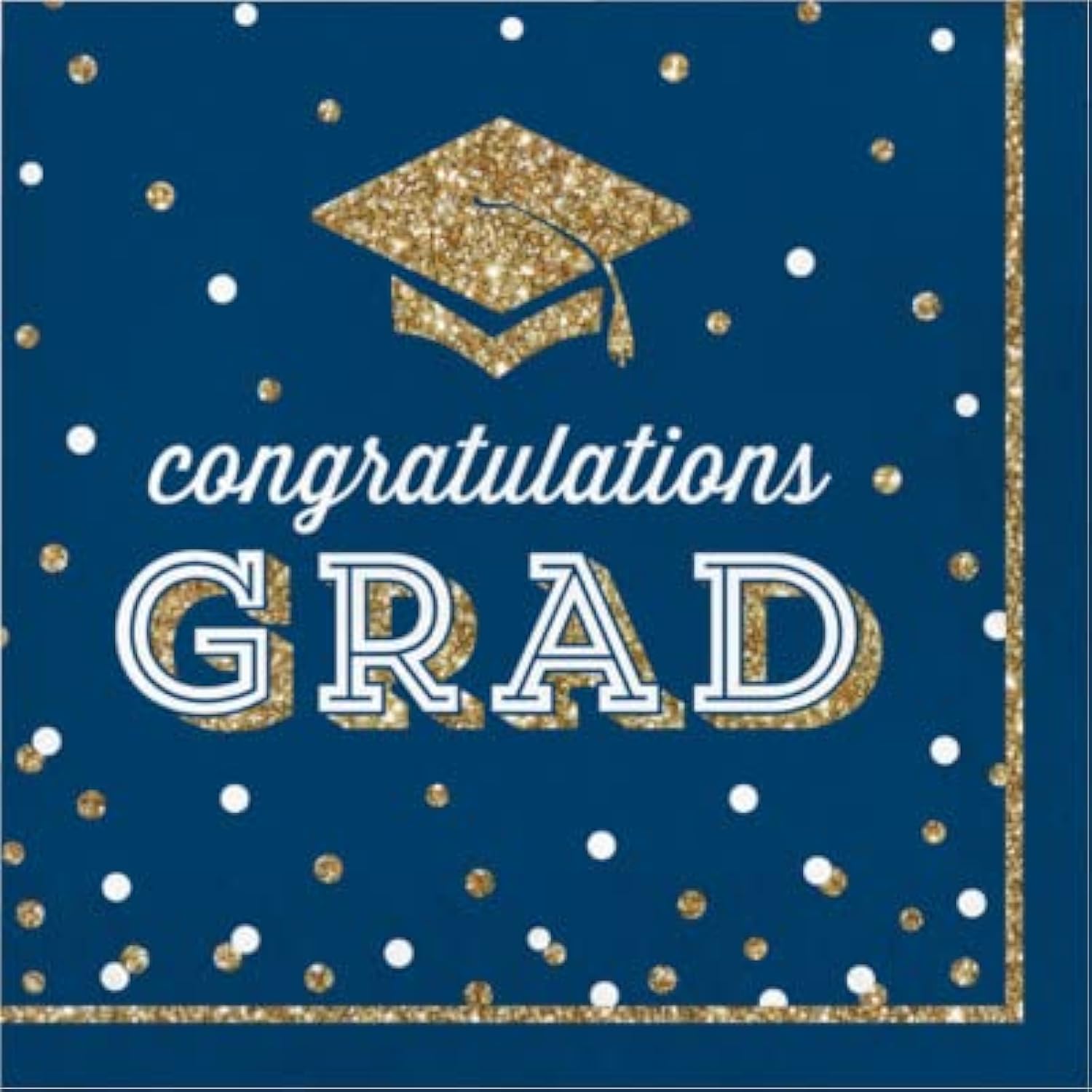 Graduation Party Supply Pack For 18 People | Paper Dinner & Dessert Plates & Napkins | Glittering Grad Design, Blue, Gold, White