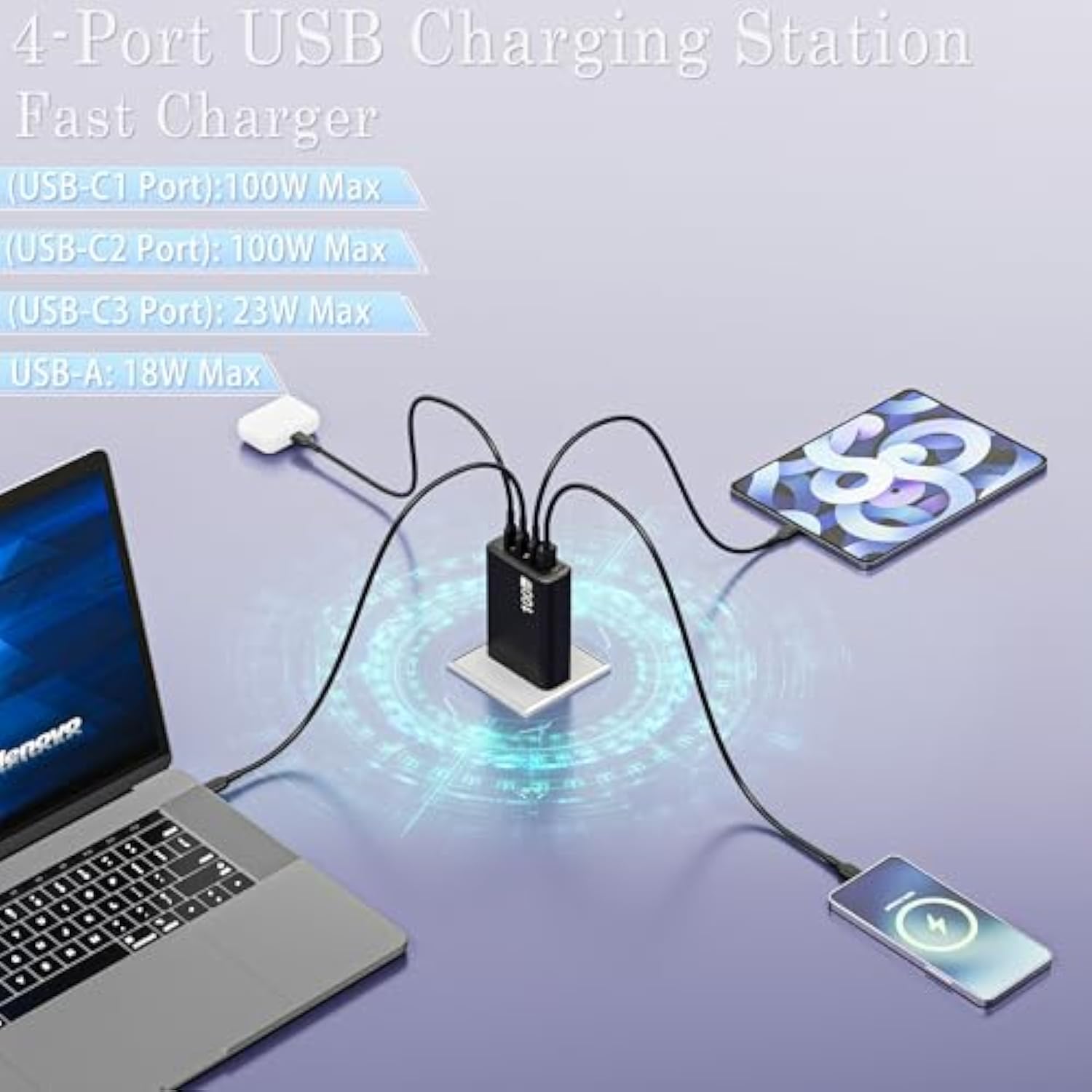 100W Usb C Charger,Gan 4-Port Charging Station,Portable Foldable Fast Power Adapter With 5.9Ft Cable Replacement For Iphone 16/15,Macbook Pro/Air,Ipad Pro,Samsung Galaxy,Dell Xps,And All Usb C Devices