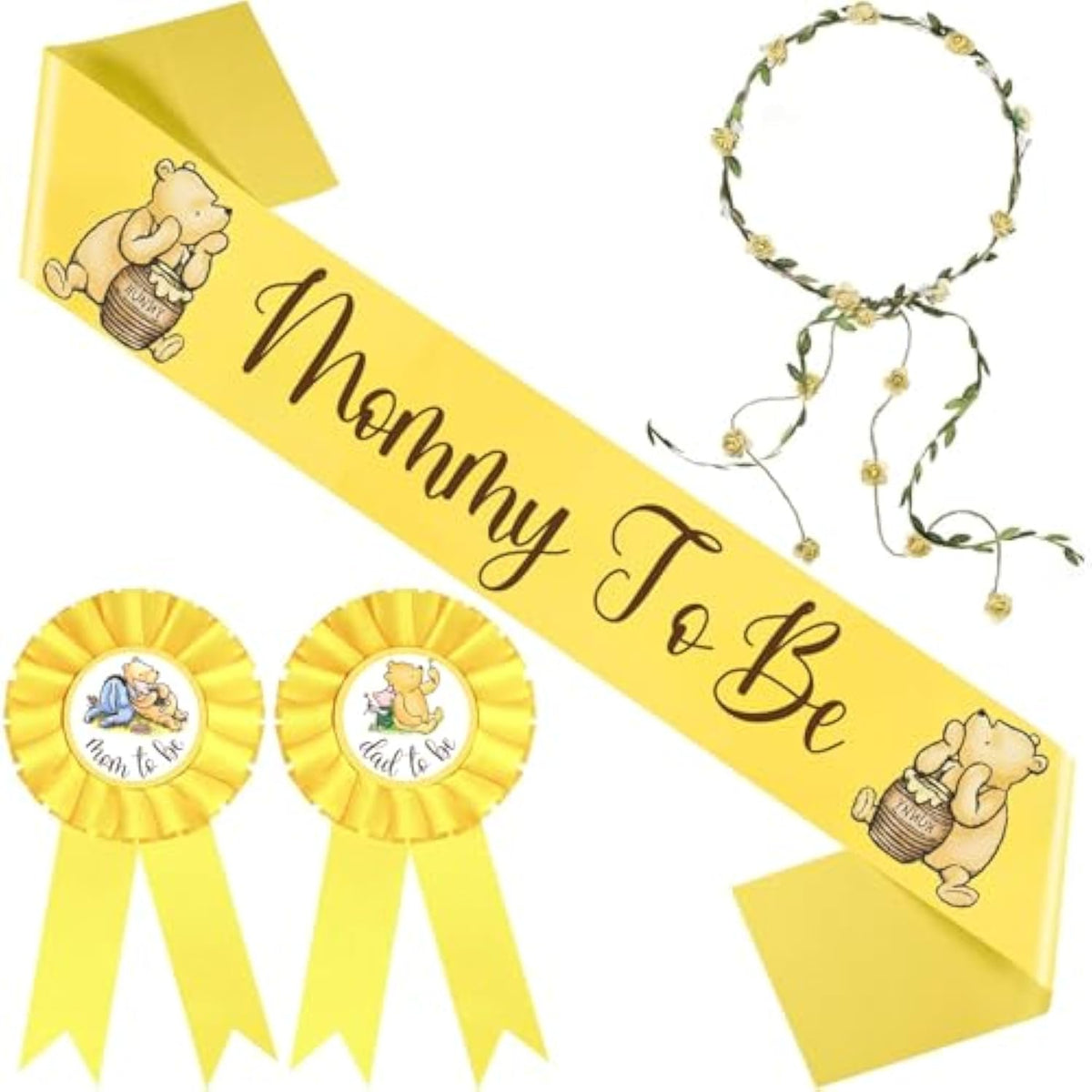 Winnie Mom To Be Sash For Baby Shower Decorations Dad To Be Pin And Yellow Flower Crown Headband Cute Satin Baby Shower Sash For Gender Reveal, Party Favors