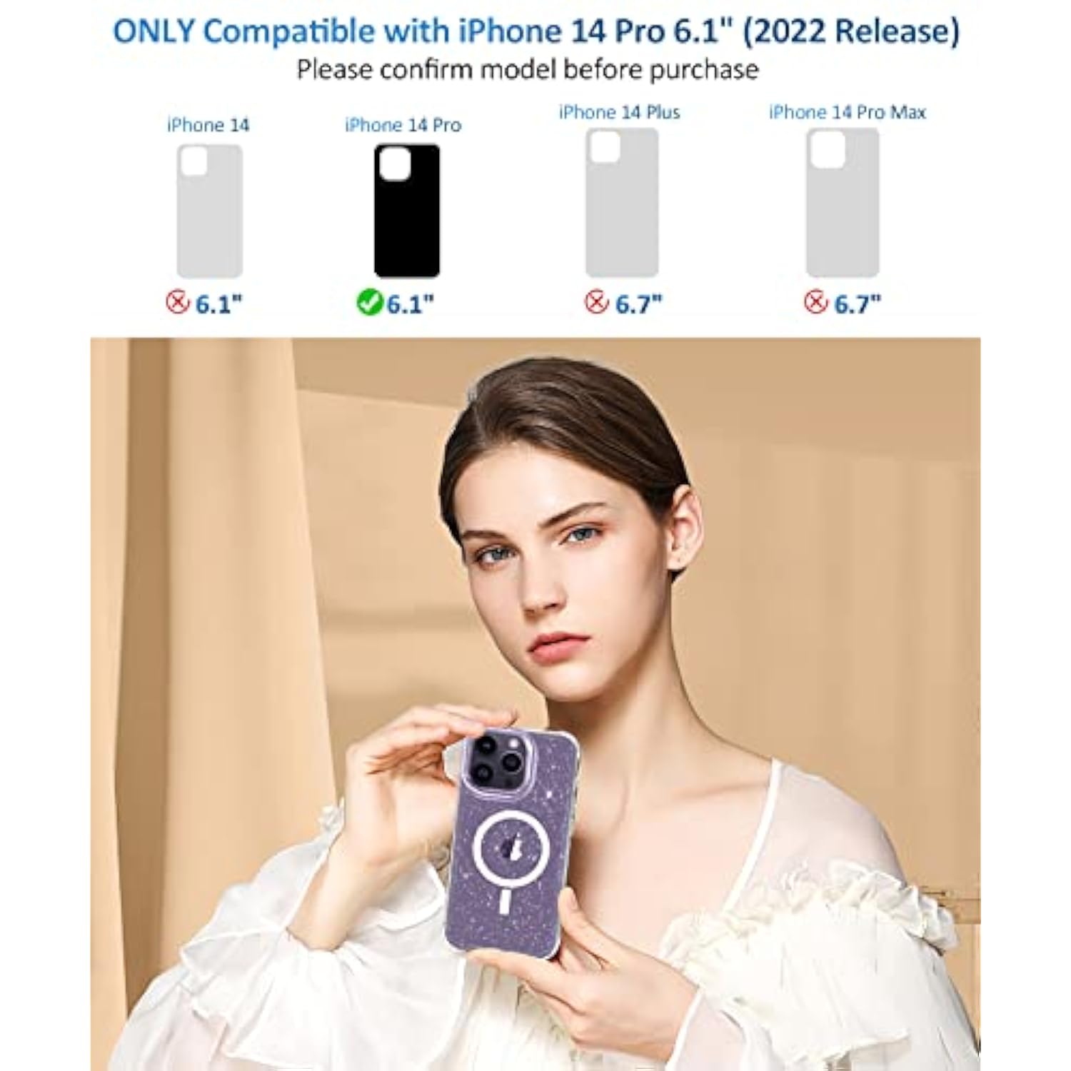 Compatible With Iphone 14 Pro With Screen Protector + Camera Protector, [Compatible With Magsafe] Clear Glitter Women Girls Phone Case, Protective Cover For 14Pro 6.1" - Magnetic Clear