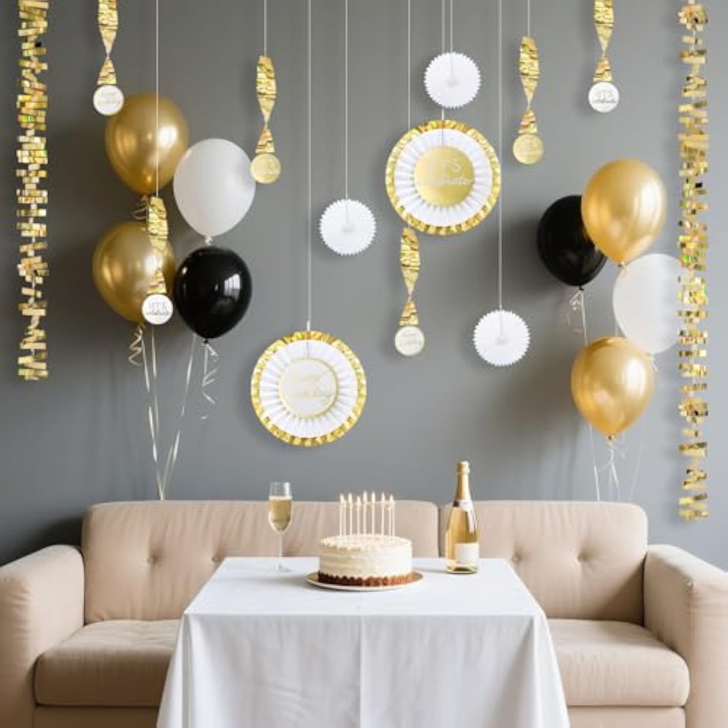 Gold Birthday Party Decorations Kit – 13Pcs White & Metallic Gold Hanging Paper Fans, Foil Swirls & Fringe Garland For Adults, Teens, Kids, Milestone Golden Birthday Backdrop Decor