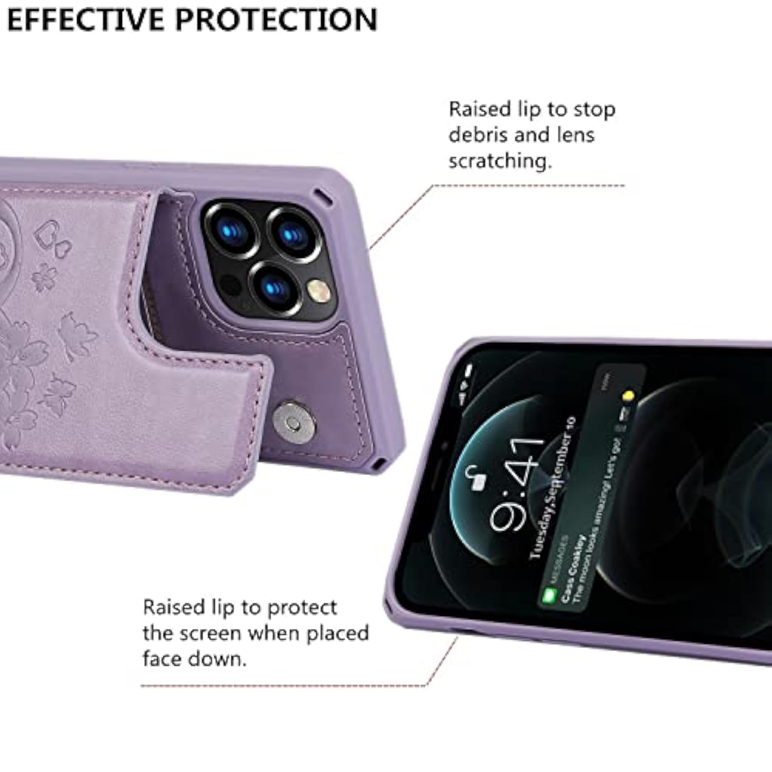 Compatible With 12/12 Pro Wallet Phone Case With Card Holder For Women, Rfid Blocking Embossed Pu Leather Wrist Strap Case (Heart Purple)