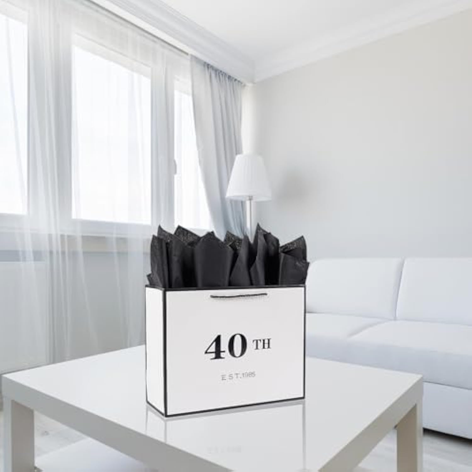 40th Birthday Black White Gift Bag with Card Tissue Paper Metallic Keepsake