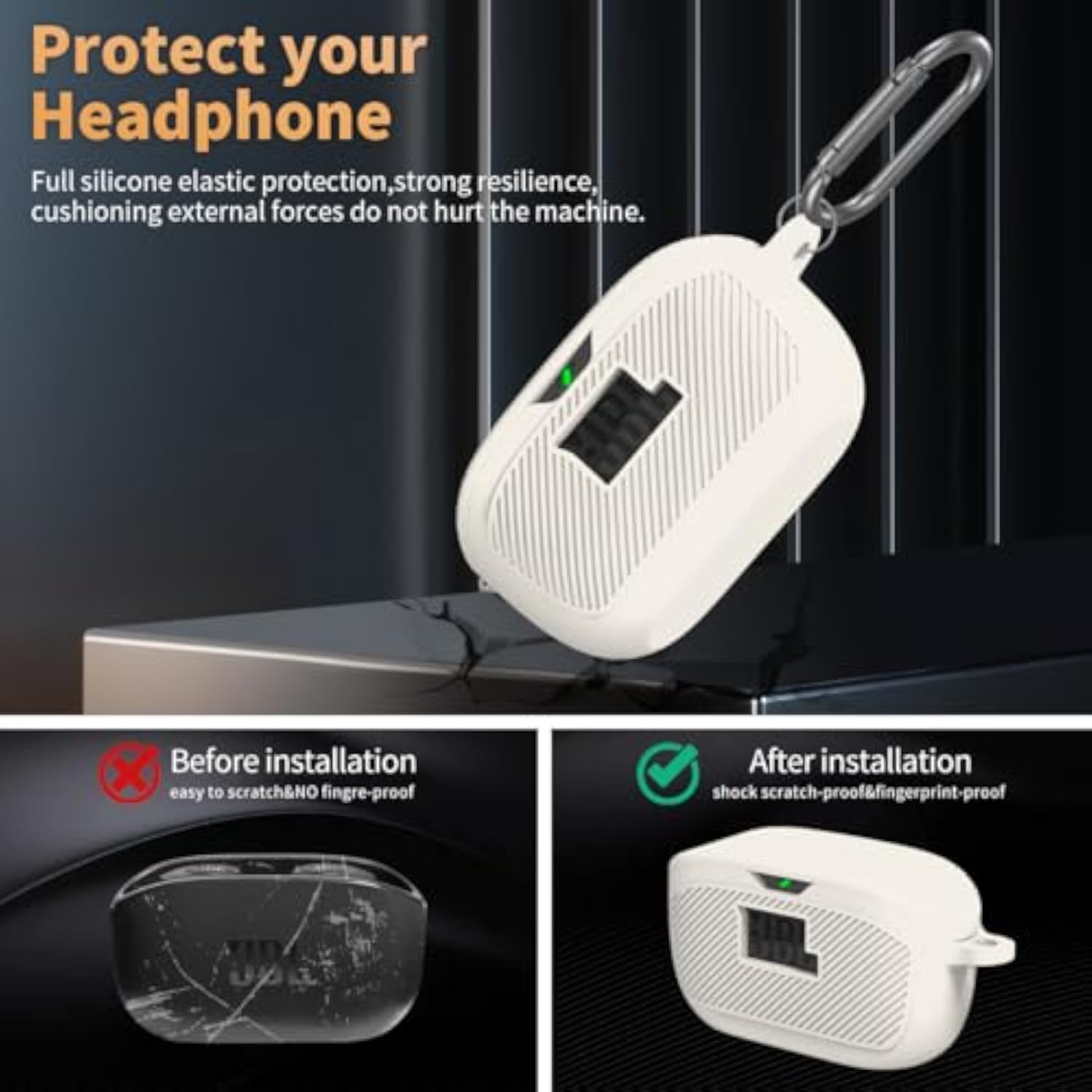 JBL Vibe Buds Silicone Protective Case Cover with Carabiner - Compatible with JBL Vibe Buds Headphones Charging Case - Apricot