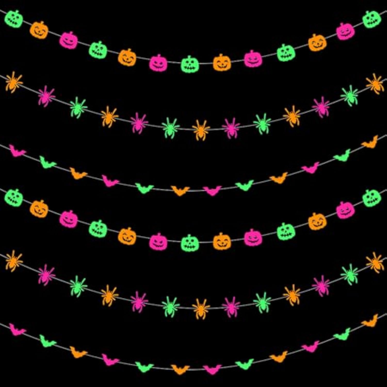 3PCS Halloween Neon Banner Glow in Dark Pumpkin Bats Spiders Hanging Garland