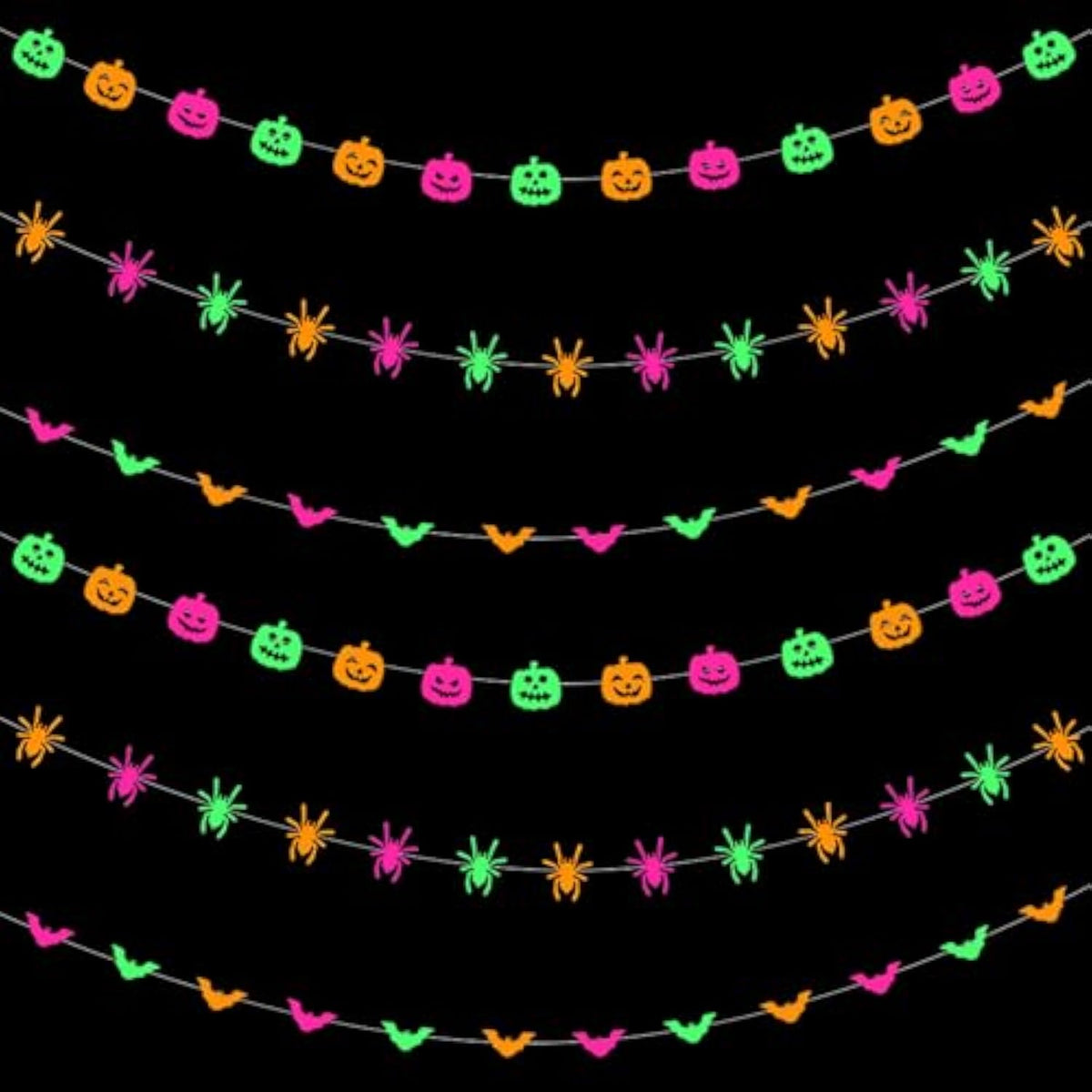 3PCS Halloween Neon Banner Glow in Dark Pumpkin Bats Spiders Hanging Garland