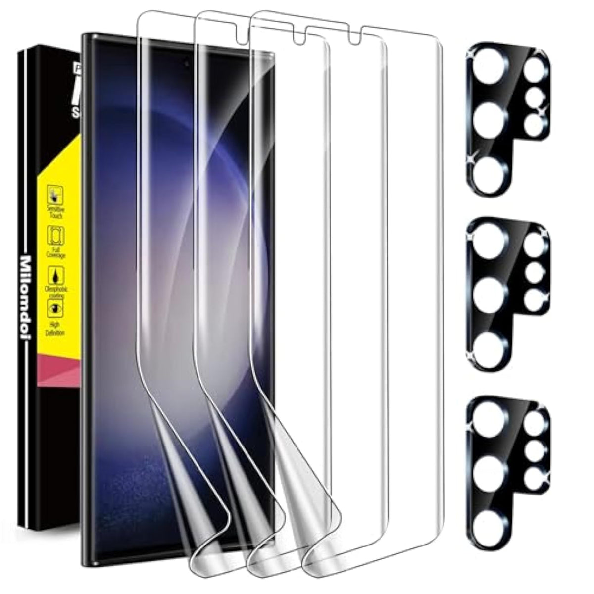 3 Pack Screen Protector For Samsung Galaxy S23 Ultra [Not Glass] With 3 Pack Tempered Glass Camera Lens Protector, Bubble Free, Case Friendly, Antiscratch