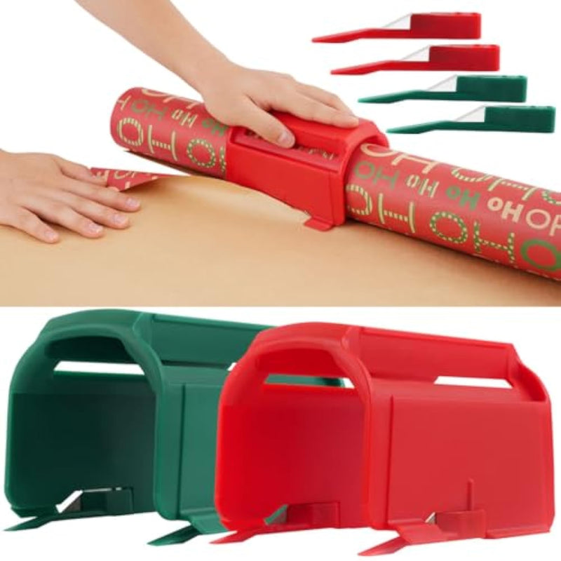 2Pcs Wrapping Paper Roll Cutter Tool Paper Cutter, Wrapping Paper Cutter With 4 Replaceable Blade Set Heavy Duty Paper Cutters For Crafting Classroom Home Birthday Christmas Gift Cutter Green Red
