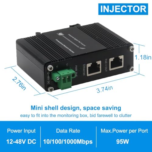 Industrial Poe++ Gigabit Injector 12-48Vdc Input - Din Rail/Wall Mount,Ieee 802.3 At,Outdoor Rated Networking Power Supply 95W Ethernet Over Power For Industrial Devices And Camera