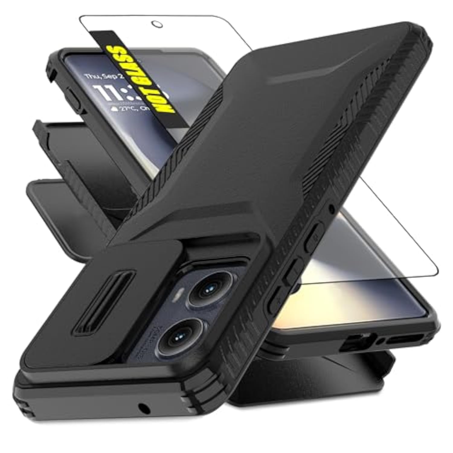 Motorola Moto Edge 2024 Heavy Duty Rugged Shockproof Protective Case with HD Screen Protector and Slide Camera Cover, Dark Black