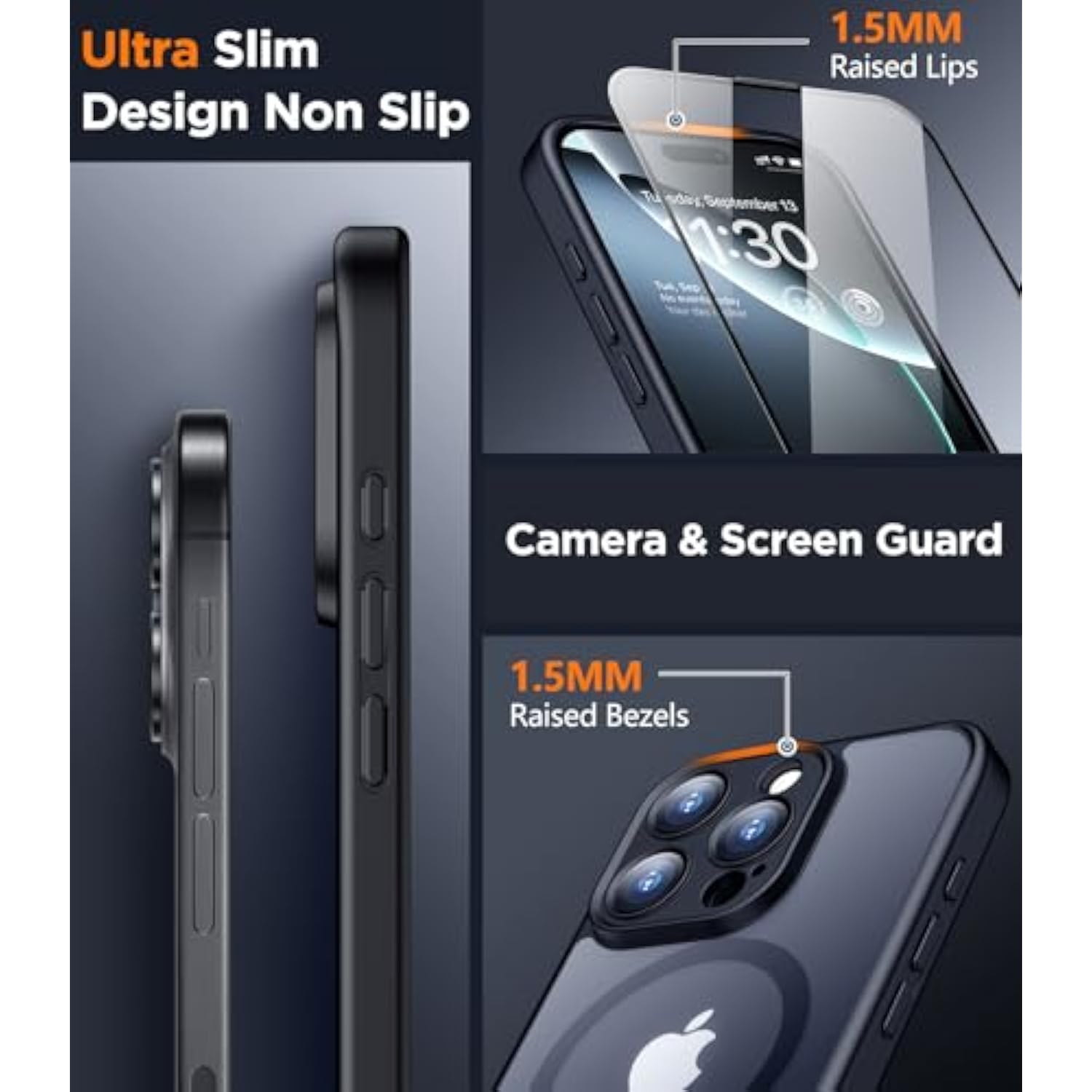 Magnetic For 16 Pro Max Case, Translucent Matte [2Pcs Tempered Glass Screen Protector] Cell Phone Home Button Stickers Phone Case,Black
