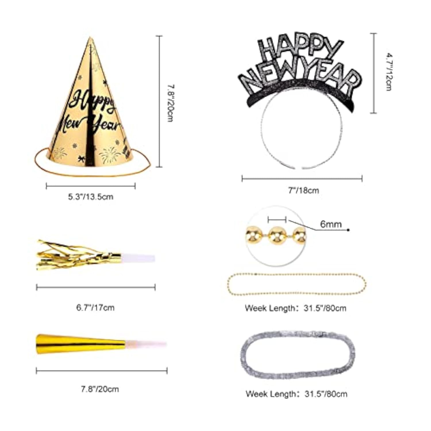 90pcs 2026 New Year Party Supplies Hats Tiaras Noise Makers Necklaces