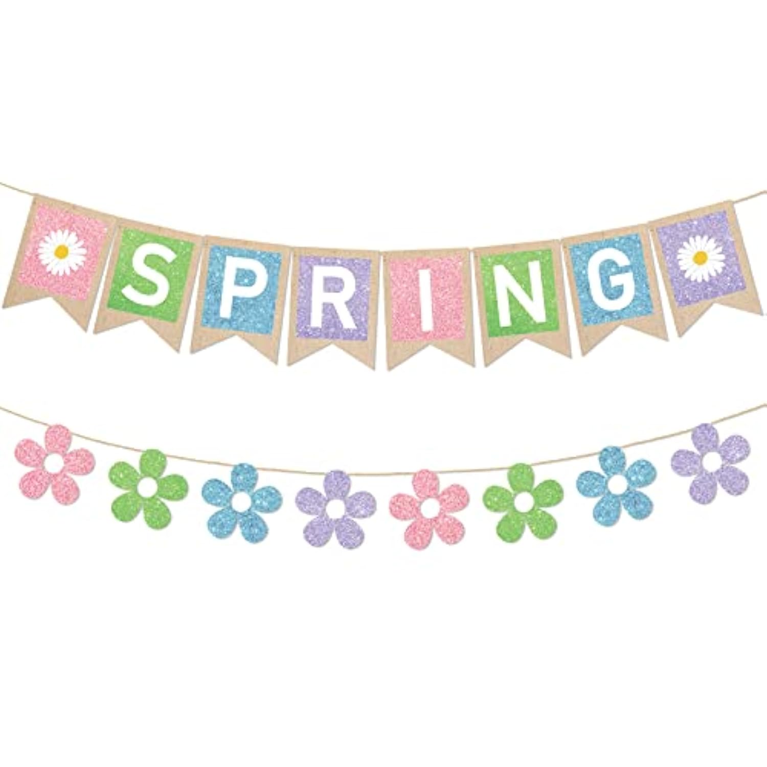 Spring Burlap Banner Set - Colorful Daisy Flower & Glitter 'Spring' Banner - 2 Pack - Party Decorations