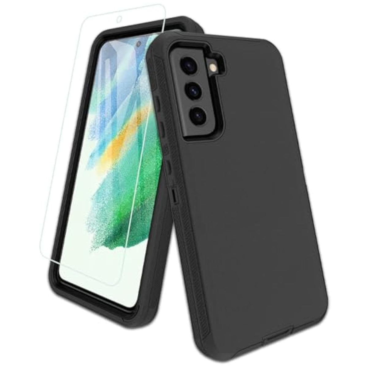 For Samsung Galaxy S21-Fe 5G Phone Case, With Screen Protector, Dust-Proof Port Cover, Full-Body Non-Slip Silicone Rubber Covered, Military Grade Drop-Proof Shockproof, Black/Black