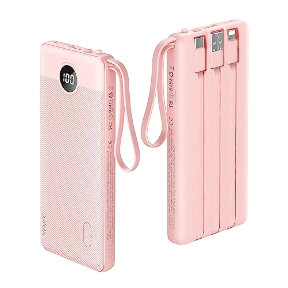 Portable Charger Power Bank, 10000Mah Travel Essentials Battery Pack, 5 Outputs 2 Inputs Slim Charging Bank Built-In Cables Cords Wires Compatible With Iphone,Samsung,Android-Pink(1 Pack)