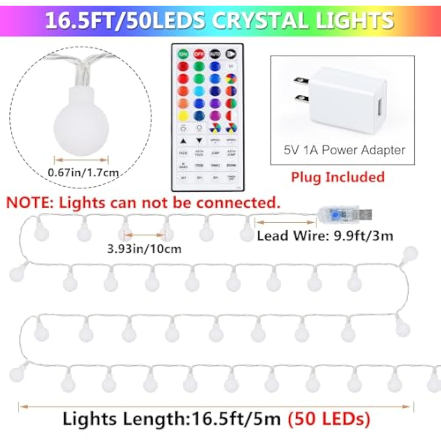 24 Colors Indoor String Lights With Remote, 16.5Ft 50Led String Lights Bedroom Usb Plug In, Color Changing Christmas Lig