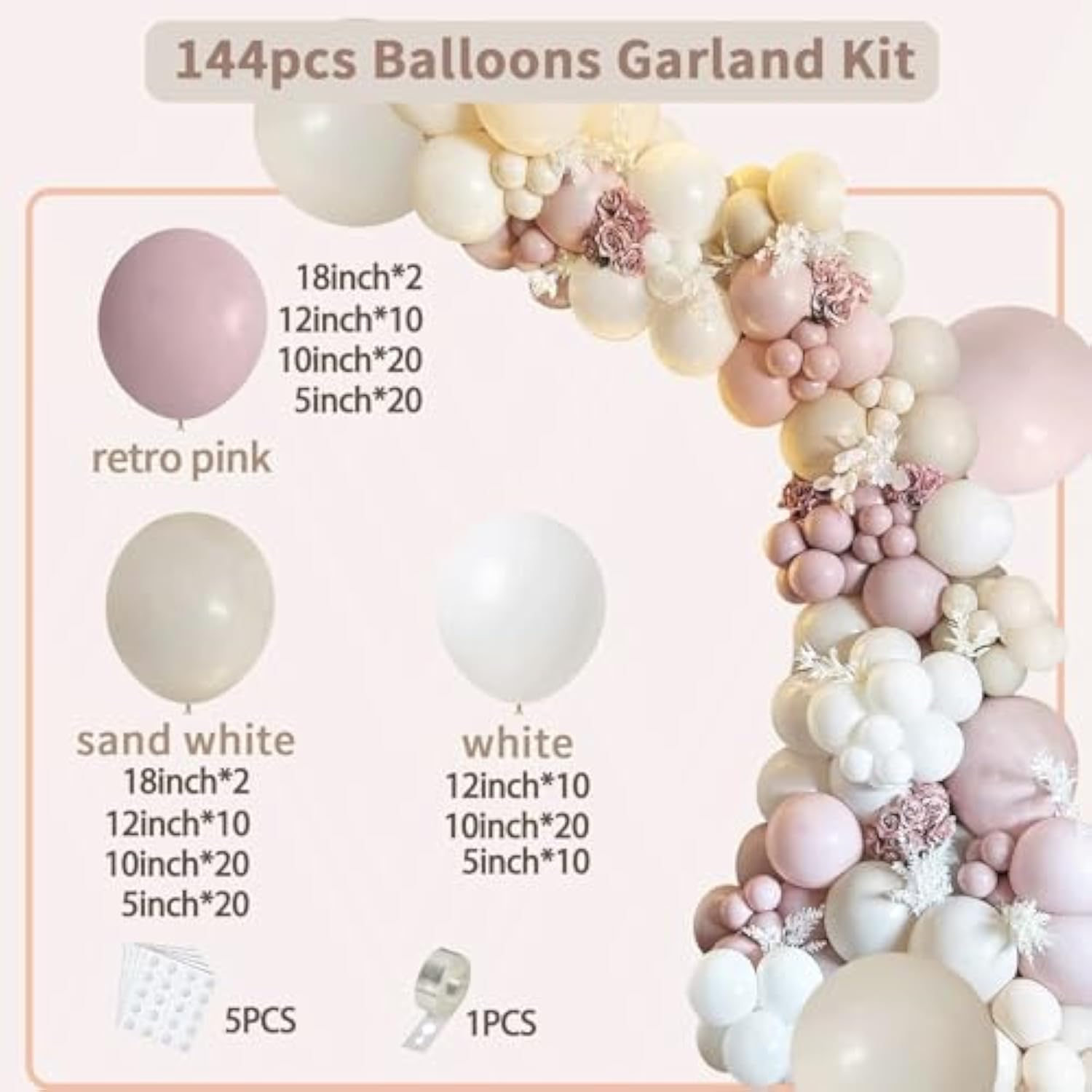 144PCS Blush Beige & Pink Boho Balloons for Baby Shower, Bridal Party Decor