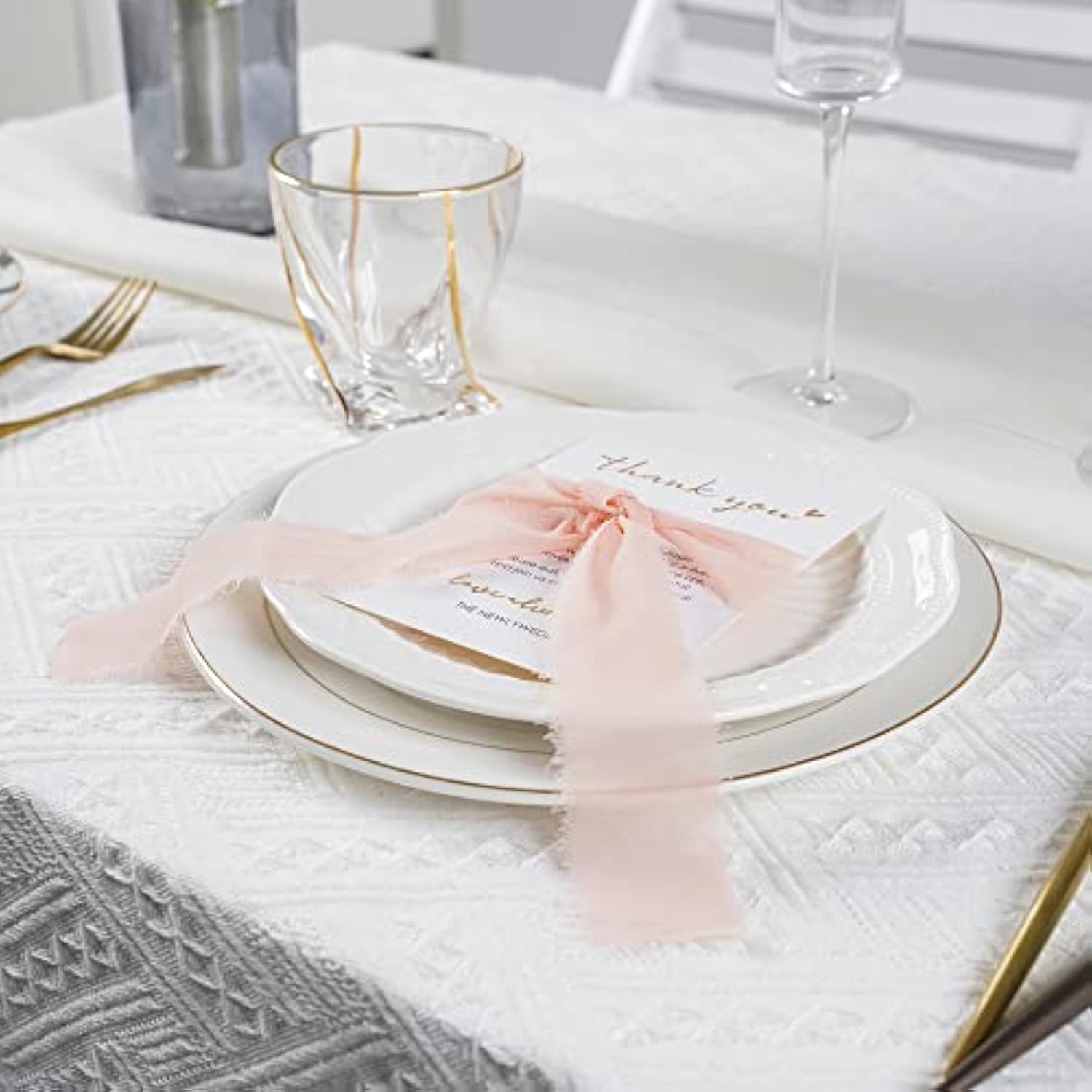 Wedding Thank You Place Setting Cards With Pink Chiffon Ribbon, For Weddings Favors, Receptions, Parties, Events And Celebrations-Pack Of 50, 4 X 6 Inch, Add To Your Table Centerpieces